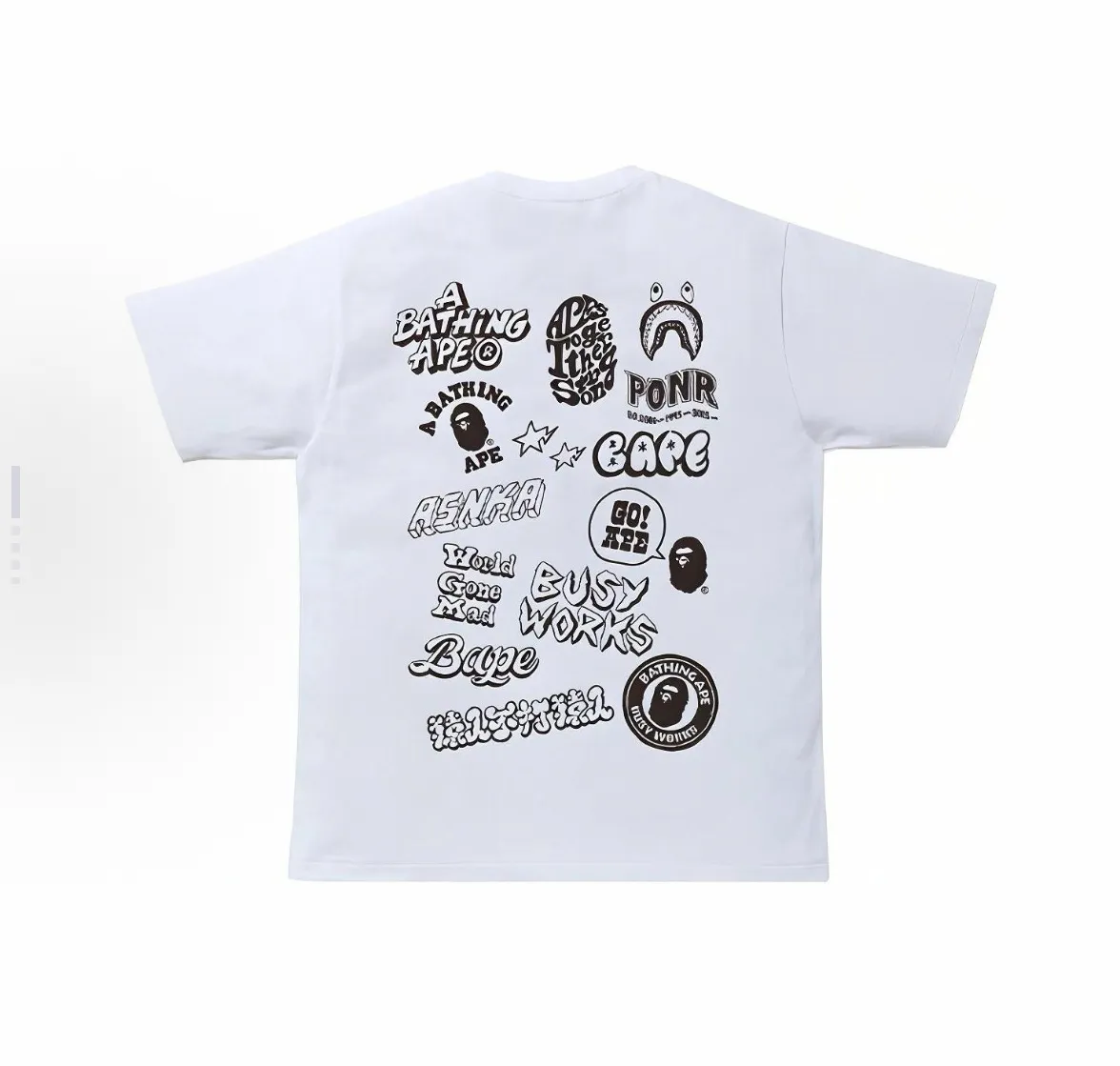 P110 001077 A BATHING APE BAPE Bicolor Bape Graffiti Tee two-color back graffiti printed round neck short-sleeved T-shirt, same style for men and women, size smlxlxxl, black and white