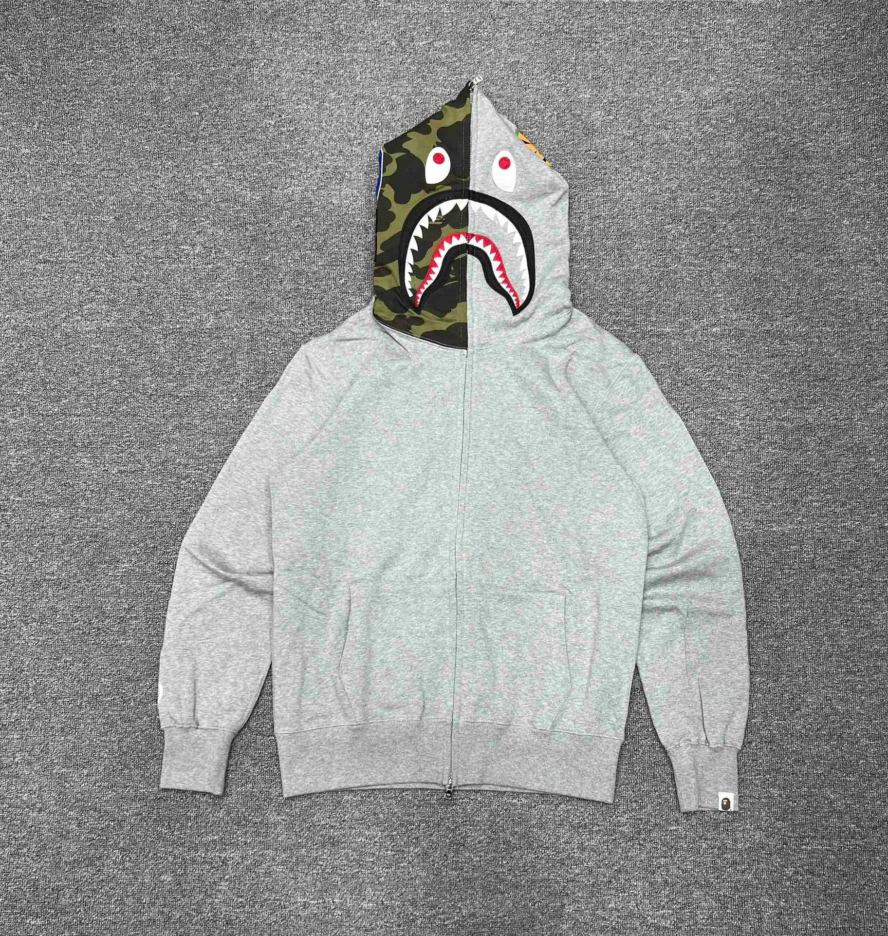 💰380 Bape first year limited classic shark green camouflage design shark jacket Couple style: S—XXL [Black Gray]