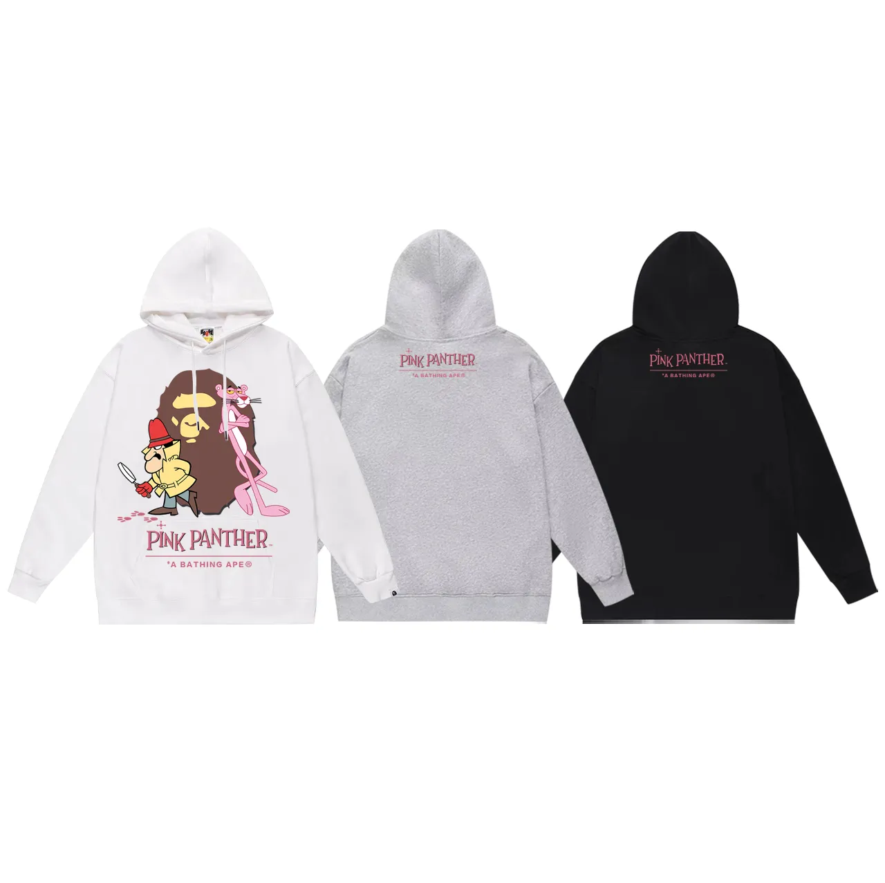 P160 model number SC781# terry 80 plus velvet 90 (top version) BAPE KIDS co-branded pink panther ape head print hooded sweatshirt. Made of 380 grams of large terry (drop shoulder large version) fabric. The texture is soft and non-pilling. Imported environmentally friendly printing glue. The pattern is bright and three-dimensional. Quality💥Same style for men and women. The upper body is trendy. Color: black white gray Size: S M L XL XXL