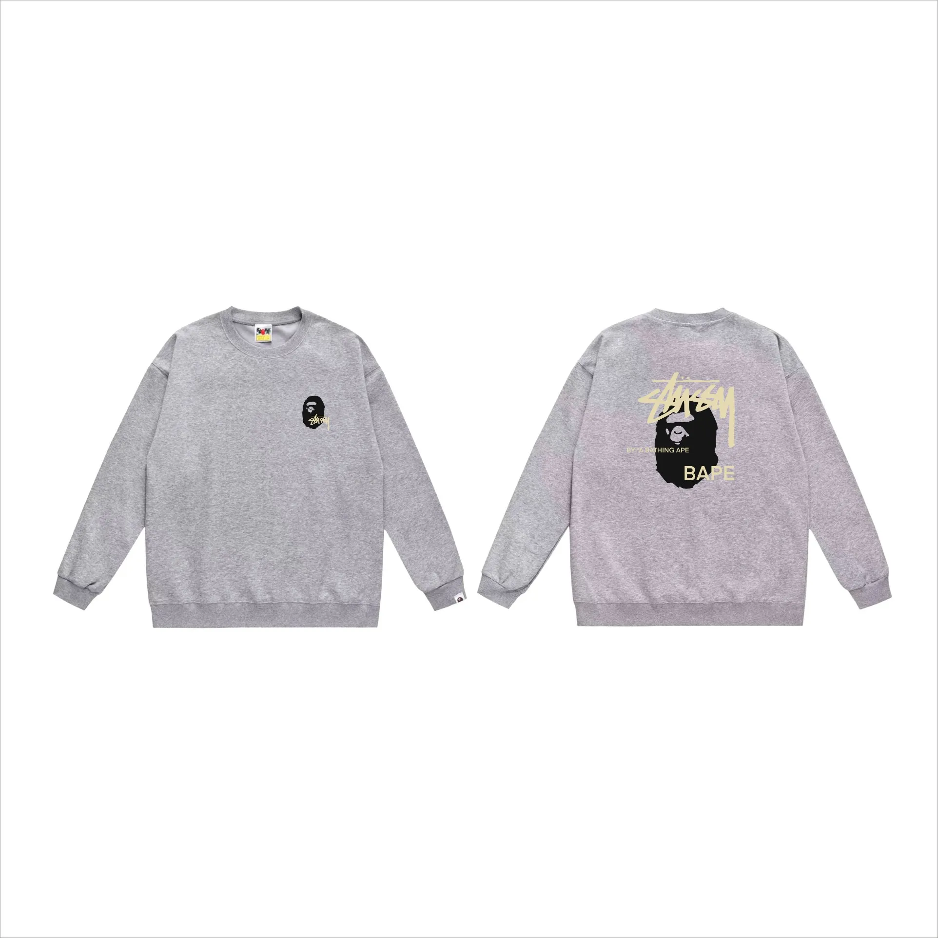 P150 model number SC510# terry 75 plus velvet 80 (top version) BAPE×STUSSY co-branded Stussy letter round neck sweatshirt Made of 350 grams of large terry (drop shoulder large version) fabric, soft texture and no pilling Imported environmentally friendly printing glue The pattern is bright and three-dimensional Quality 💥Same style for men and women The upper body is trendy Color: white with black, gray with black Size: S M L XL XXL