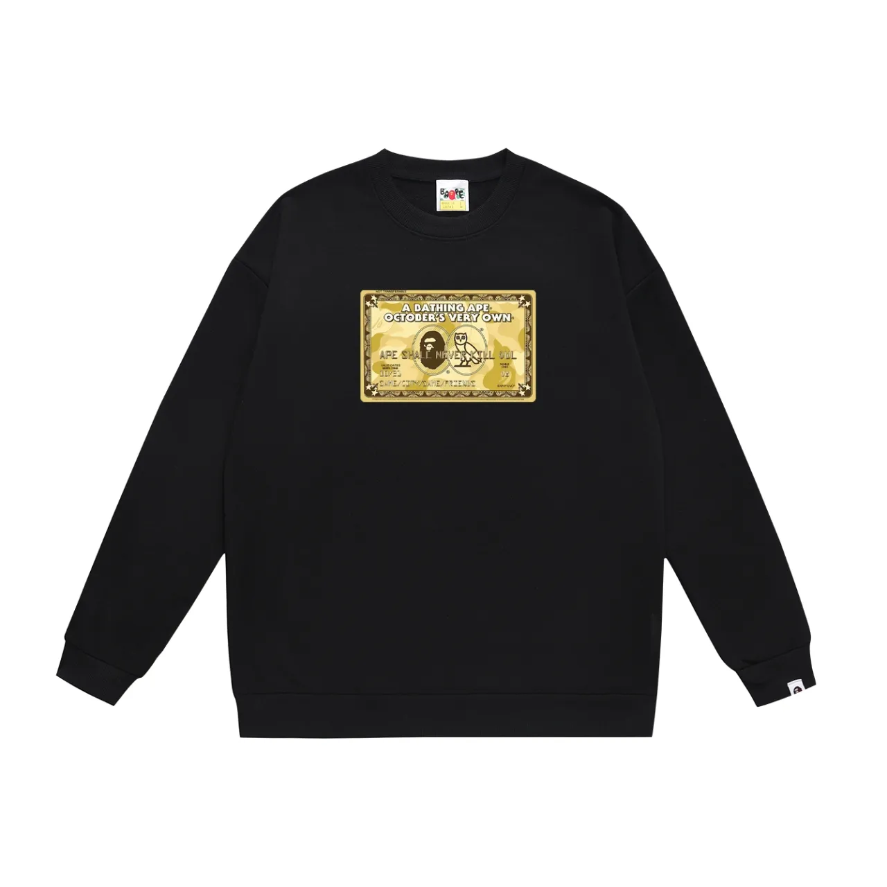 P150 model number SC495# terry 75 plus velvet 80 (top version) BAPE×OVO co-branded ape head owl gold card logo printed round neck sweatshirt Made of 350g large terry (drop shoulder large version) fabric, soft texture and no pilling Imported environmentally friendly printing glue The pattern is bright and three-dimensional Quality 💥Same style for men and women The upper body is trendy Color: black white gray Size: S M L XL XXL