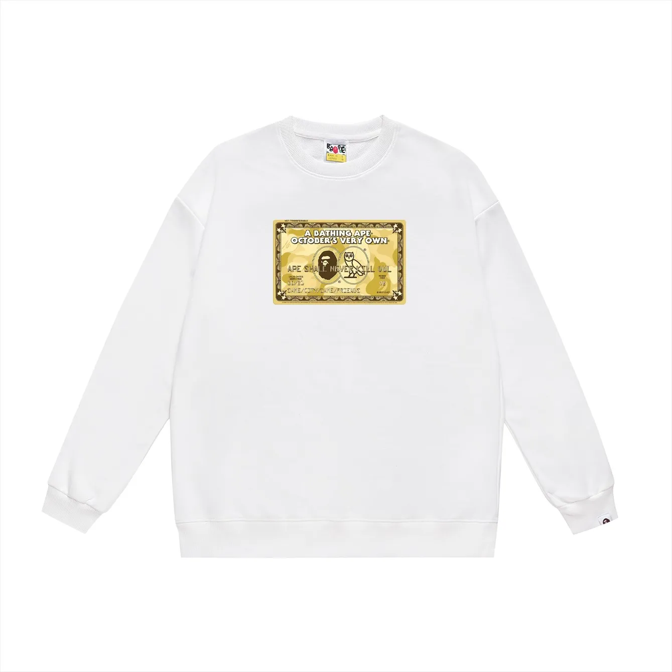 P150 model number SC495# terry 75 plus velvet 80 (top version) BAPE×OVO co-branded ape head owl gold card logo printed round neck sweatshirt Made of 350g large terry (drop shoulder large version) fabric, soft texture and no pilling Imported environmentally friendly printing glue The pattern is bright and three-dimensional Quality 💥Same style for men and women The upper body is trendy Color: black white gray Size: S M L XL XXL