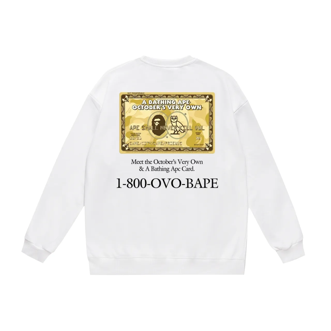 P150 model number SC495# terry 75 plus velvet 80 (top version) BAPE×OVO co-branded ape head owl gold card logo printed round neck sweatshirt Made of 350g large terry (drop shoulder large version) fabric, soft texture and no pilling Imported environmentally friendly printing glue The pattern is bright and three-dimensional Quality 💥Same style for men and women The upper body is trendy Color: black white gray Size: S M L XL XXL