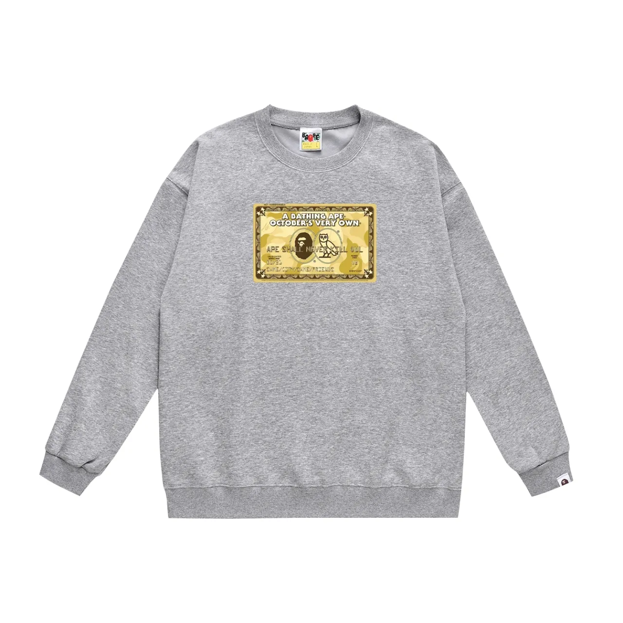 P150 model number SC495# terry 75 plus velvet 80 (top version) BAPE×OVO co-branded ape head owl gold card logo printed round neck sweatshirt Made of 350g large terry (drop shoulder large version) fabric, soft texture and no pilling Imported environmentally friendly printing glue The pattern is bright and three-dimensional Quality 💥Same style for men and women The upper body is trendy Color: black white gray Size: S M L XL XXL