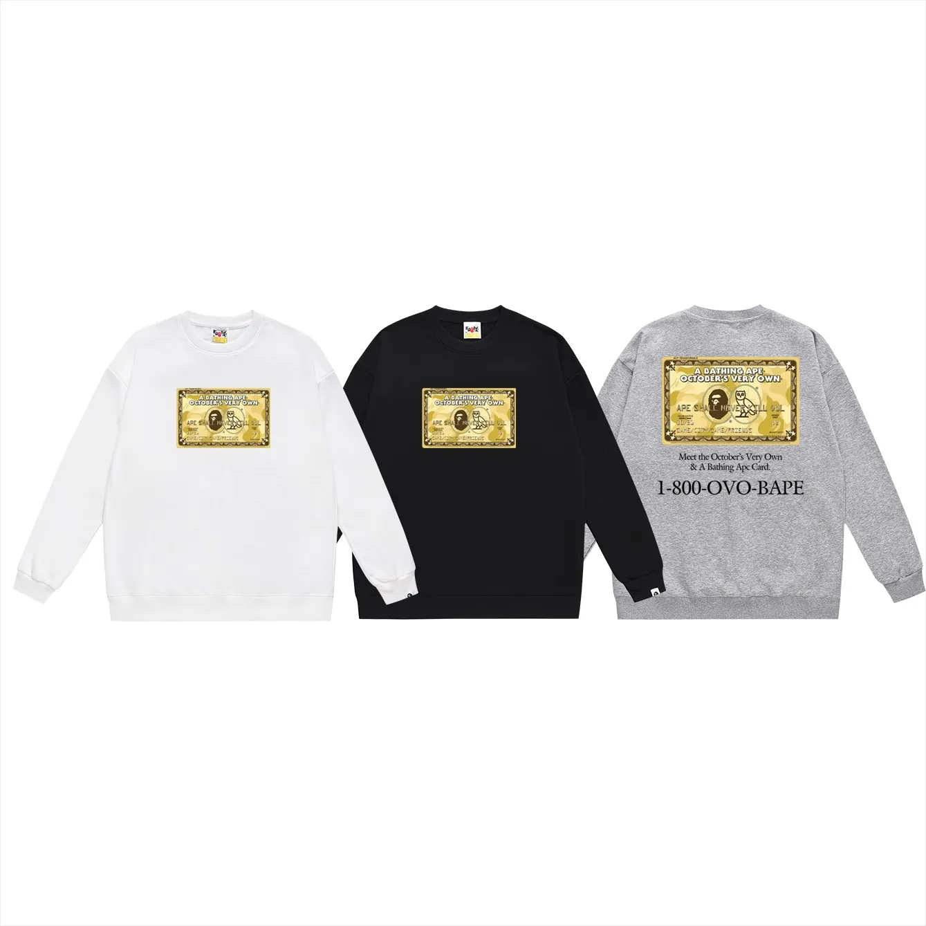 P150 model number SC495# terry 75 plus velvet 80 (top version) BAPE×OVO co-branded ape head owl gold card logo printed round neck sweatshirt Made of 350g large terry (drop shoulder large version) fabric, soft texture and no pilling Imported environmentally friendly printing glue The pattern is bright and three-dimensional Quality 💥Same style for men and women The upper body is trendy Color: black white gray Size: S M L XL XXL