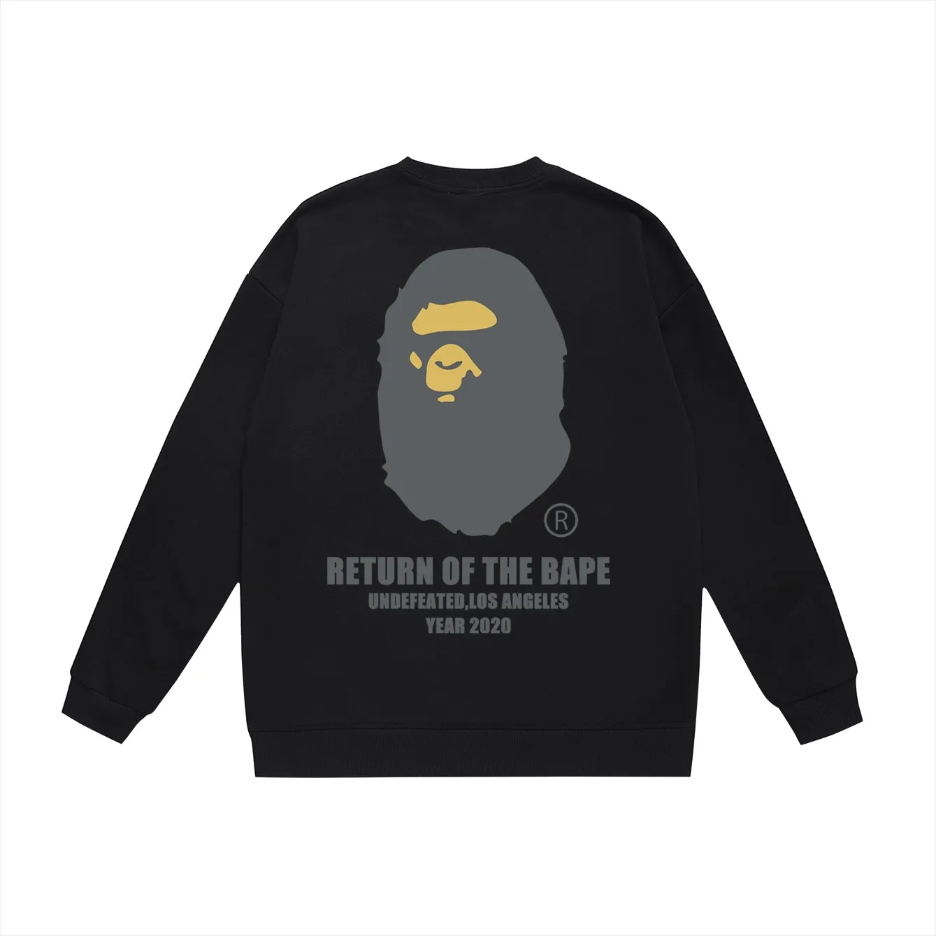 P150 model number SC470# terry 75 plus velvet 80 (top version) BAPE co-branded five-bar ape-letter printed round-neck sweatshirt. Made of 350 grams of large terry (drop shoulder large version) fabric. The texture is soft and non-pilling. Imported environmentally friendly printing glue. The pattern is bright and three-dimensional. Quality 💥Same style for men and women. The upper body is trendy. Color: black white gray Size: S M L XL XXL