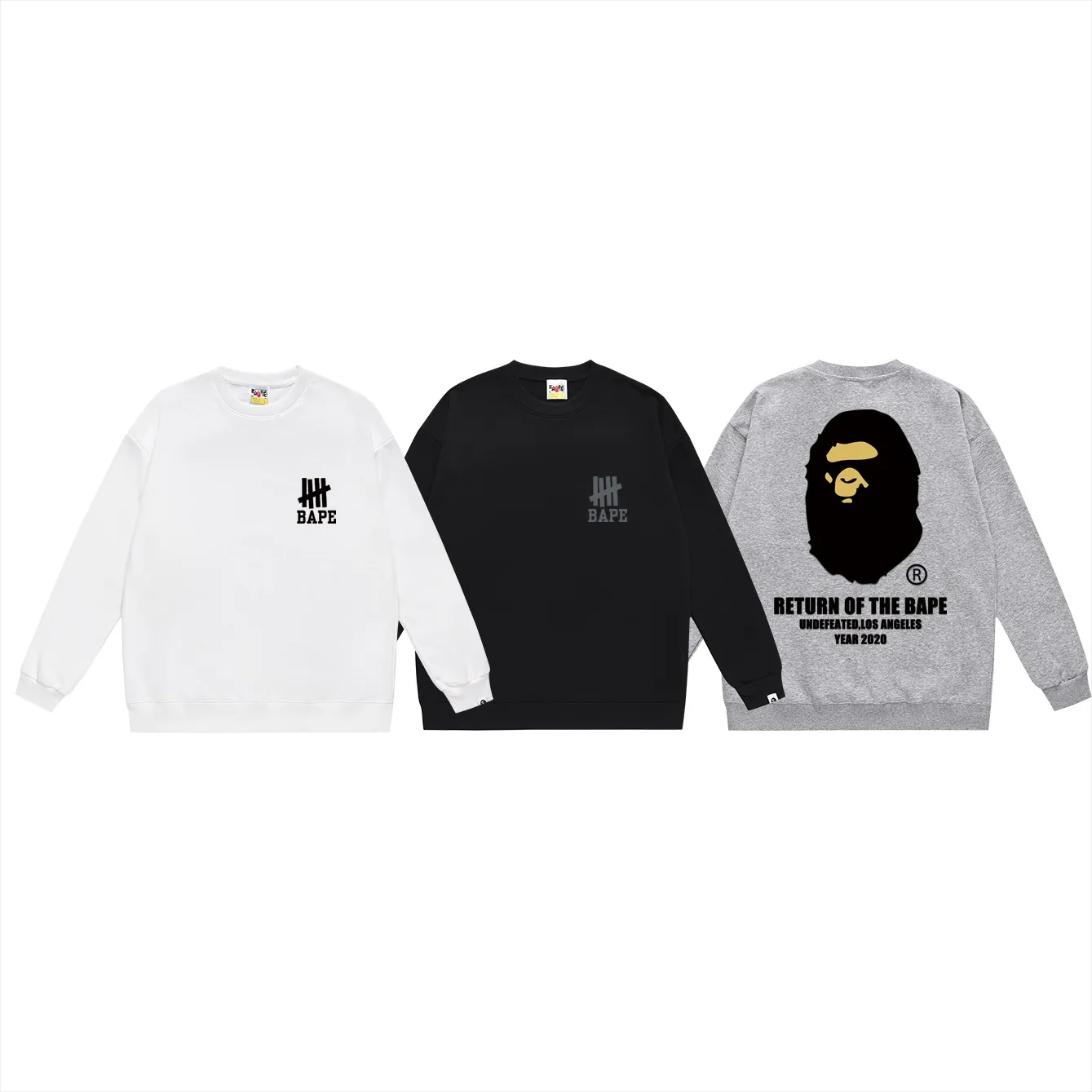 P150 model number SC470# terry 75 plus velvet 80 (top version) BAPE co-branded five-bar ape-letter printed round-neck sweatshirt. Made of 350 grams of large terry (drop shoulder large version) fabric. The texture is soft and non-pilling. Imported environmentally friendly printing glue. The pattern is bright and three-dimensional. Quality 💥Same style for men and women. The upper body is trendy. Color: black white gray Size: S M L XL XXL