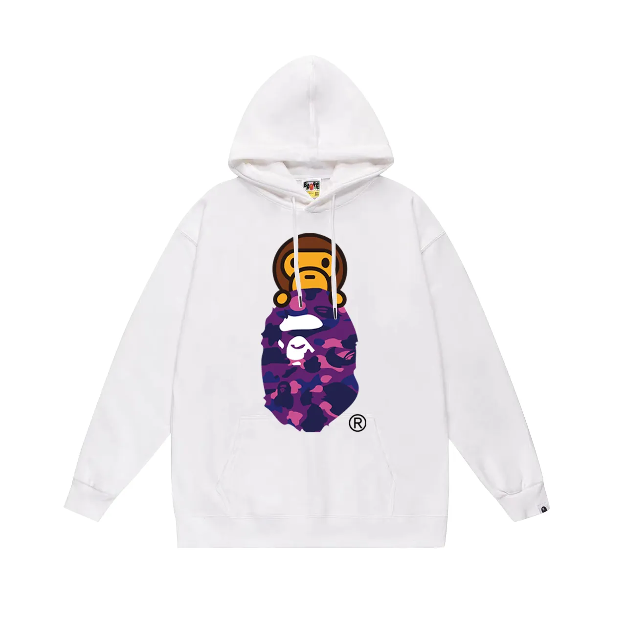P160 model number SC768# terry 80 plus velvet 90 (top version) BAPE COLOR CAMO MILO ON APE camouflage ape print hooded sweatshirt. Made of 380 grams of large terry (drop shoulder large version) fabric. The texture is soft and does not pill. Imported environmentally friendly printing glue. The pattern is bright and three-dimensional. The quality is the same for men and women. The upper body is trendy. Color: black and red, white and red, gray and red, black and blue, white and blue, gray and blue, black and yellow. White and yellow Gray and yellow Black and purple White and purple Gray and purple Size: S M L XL XXL