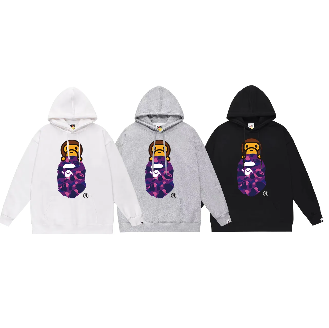 P160 model number SC768# terry 80 plus velvet 90 (top version) BAPE COLOR CAMO MILO ON APE camouflage ape print hooded sweatshirt. Made of 380 grams of large terry (drop shoulder large version) fabric. The texture is soft and does not pill. Imported environmentally friendly printing glue. The pattern is bright and three-dimensional. The quality is the same for men and women. The upper body is trendy. Color: black and red, white and red, gray and red, black and blue, white and blue, gray and blue, black and yellow. White and yellow Gray and yellow Black and purple White and purple Gray and purple Size: S M L XL XXL