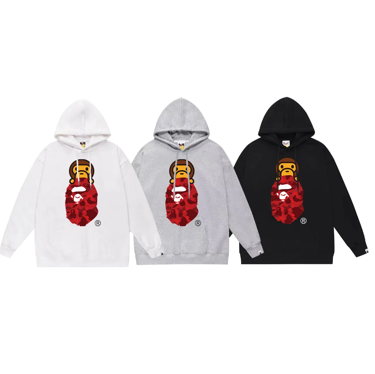 P160 model number SC768# terry 80 plus velvet 90 (top version) BAPE COLOR CAMO MILO ON APE camouflage ape print hooded sweatshirt. Made of 380 grams of large terry (drop shoulder large version) fabric. The texture is soft and does not pill. Imported environmentally friendly printing glue. The pattern is bright and three-dimensional. The quality is the same for men and women. The upper body is trendy. Color: black and red, white and red, gray and red, black and blue, white and blue, gray and blue, black and yellow. White and yellow Gray and yellow Black and purple White and purple Gray and purple Size: S M L XL XXL