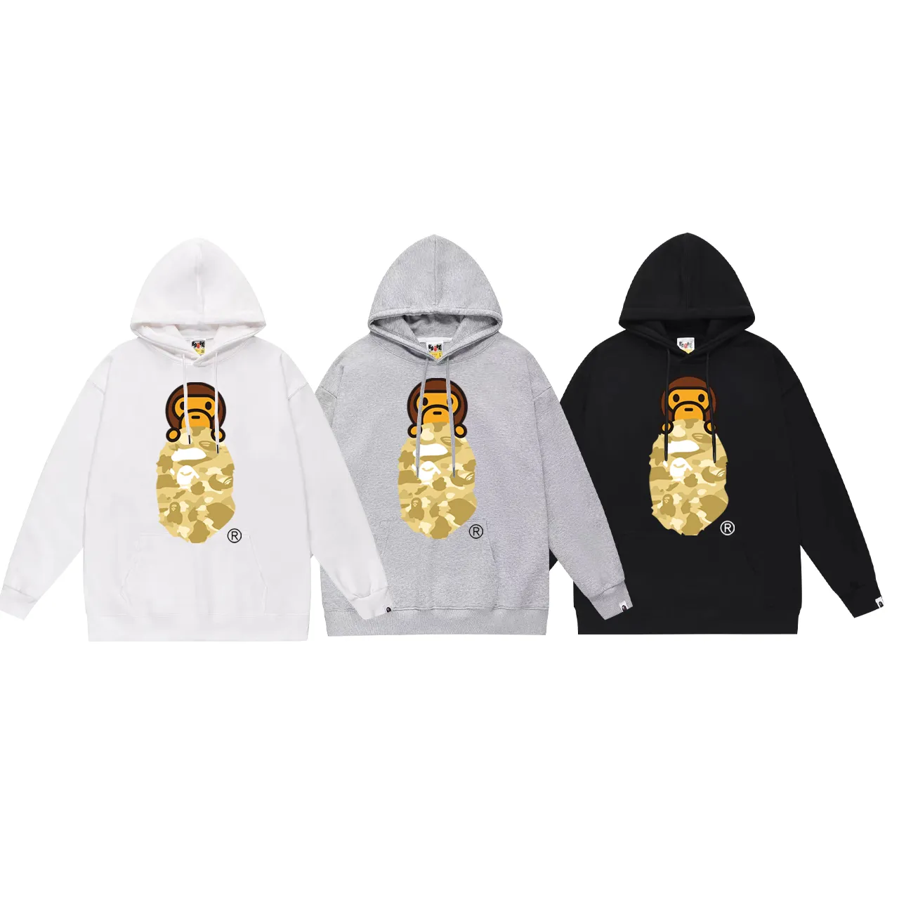 P160 model number SC768# terry 80 plus velvet 90 (top version) BAPE COLOR CAMO MILO ON APE camouflage ape print hooded sweatshirt. Made of 380 grams of large terry (drop shoulder large version) fabric. The texture is soft and does not pill. Imported environmentally friendly printing glue. The pattern is bright and three-dimensional. The quality is the same for men and women. The upper body is trendy. Color: black and red, white and red, gray and red, black and blue, white and blue, gray and blue, black and yellow. White and yellow Gray and yellow Black and purple White and purple Gray and purple Size: S M L XL XXL