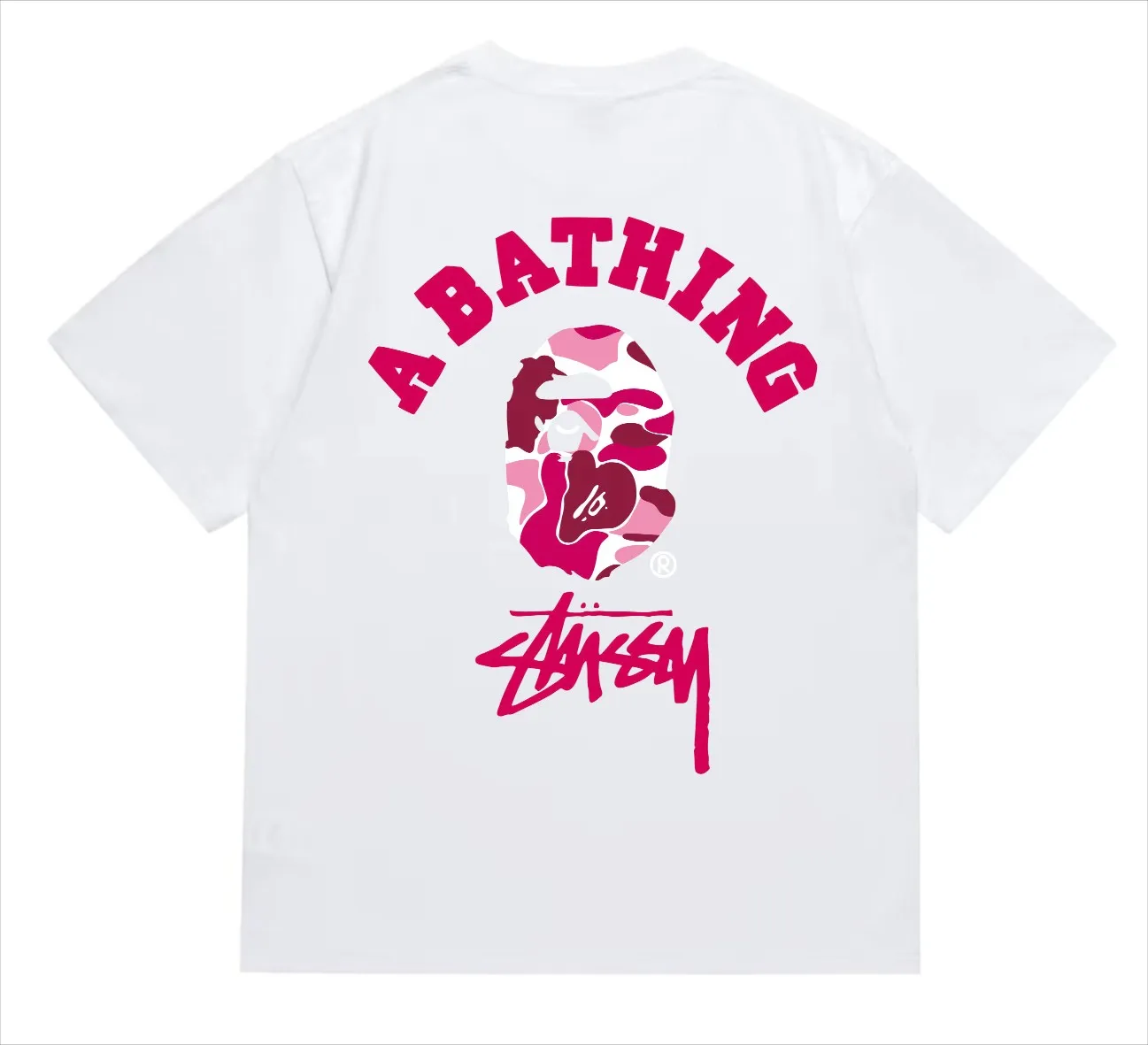 SC214#p110💰 (Top version) BAPE×Stussy co-branded Stussy letter ape print T-shirt Made of 260 grams of high-quality high-weave pure cotton fabric, double yarn combed, soft texture and no pilling Imported environmentally friendly printing glue, bright and three-dimensional pattern, quality 💥Same style for men and women, the upper body is trendy Color: Black White Gray Pink Red Size: S M L XL XXL