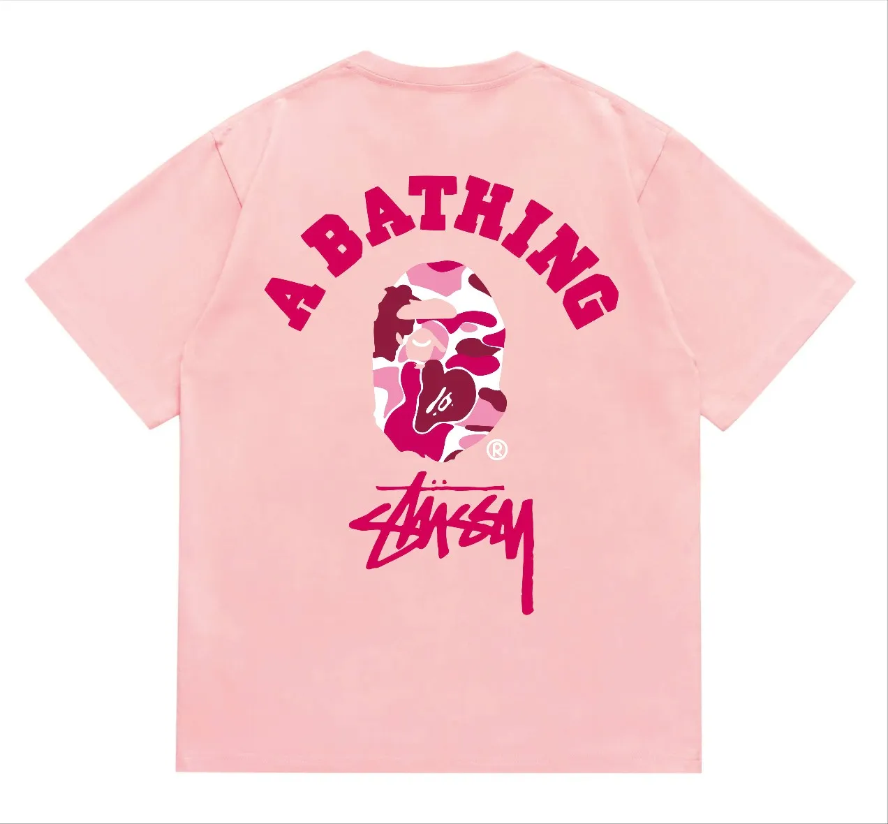 SC214#p110💰 (Top version) BAPE×Stussy co-branded Stussy letter ape print T-shirt Made of 260 grams of high-quality high-weave pure cotton fabric, double yarn combed, soft texture and no pilling Imported environmentally friendly printing glue, bright and three-dimensional pattern, quality 💥Same style for men and women, the upper body is trendy Color: Black White Gray Pink Red Size: S M L XL XXL