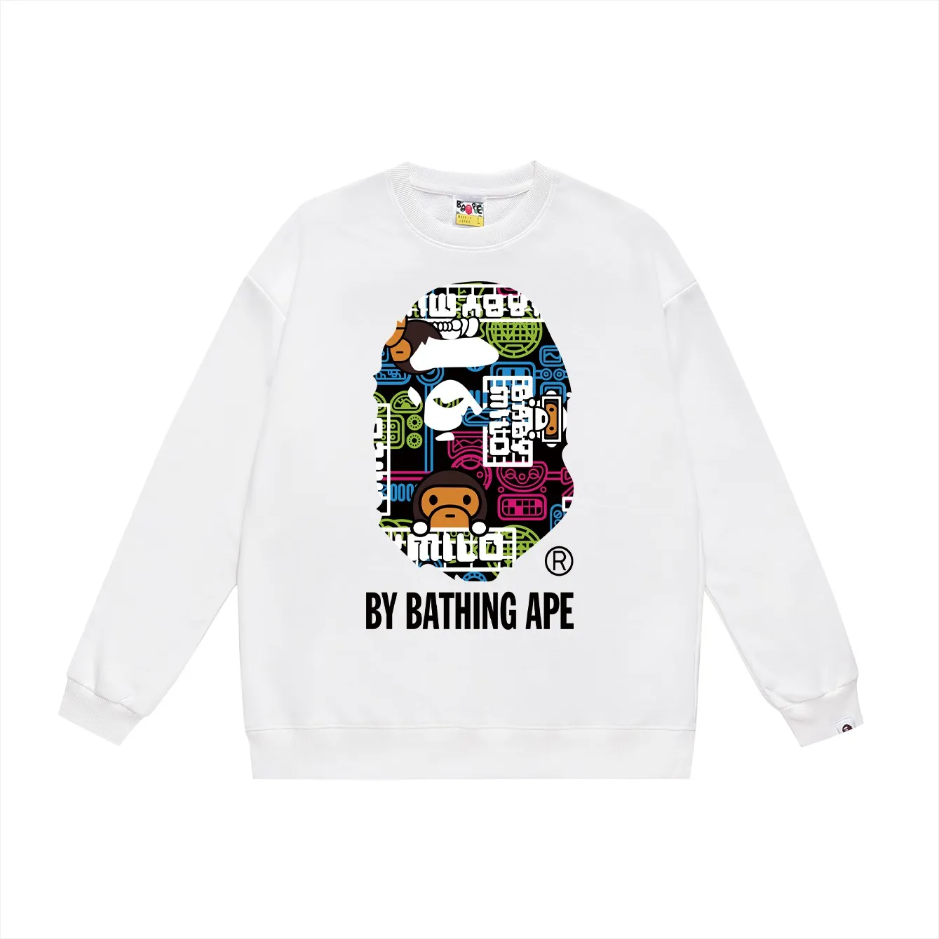P150 model number SC457# terry 75 plus velvet 80 (top version) BAPE ape head cartoon pattern printed round neck sweatshirt Made of 350g large terry (drop shoulder large version) fabric, soft and non-pilling, imported environmentally friendly printing glue, bright and three-dimensional pattern, quality 💥Same style for men and women, the upper body is fashionable Color: black white gray Size: S M L XL XXL
