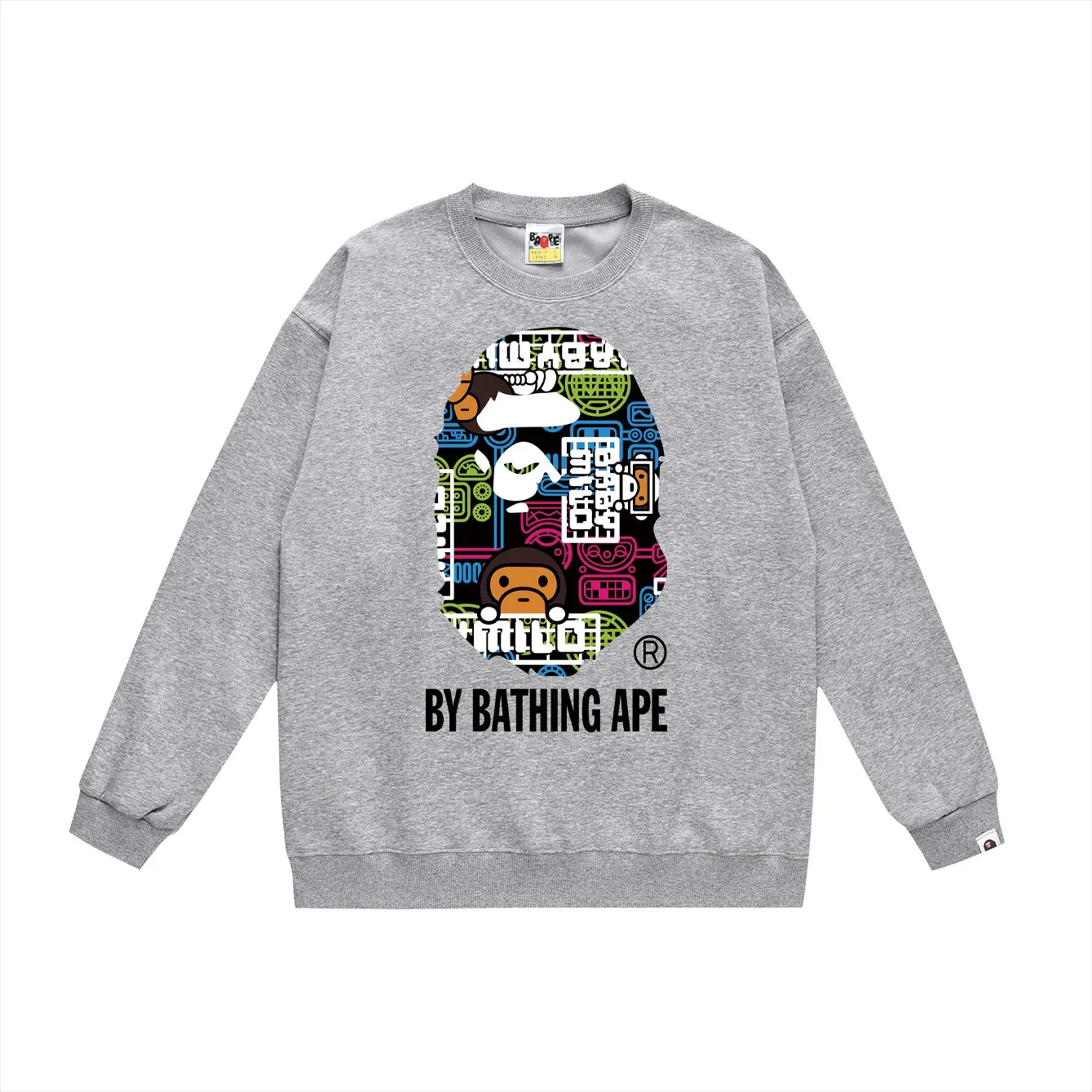 P150 model number SC457# terry 75 plus velvet 80 (top version) BAPE ape head cartoon pattern printed round neck sweatshirt Made of 350g large terry (drop shoulder large version) fabric, soft and non-pilling, imported environmentally friendly printing glue, bright and three-dimensional pattern, quality 💥Same style for men and women, the upper body is fashionable Color: black white gray Size: S M L XL XXL