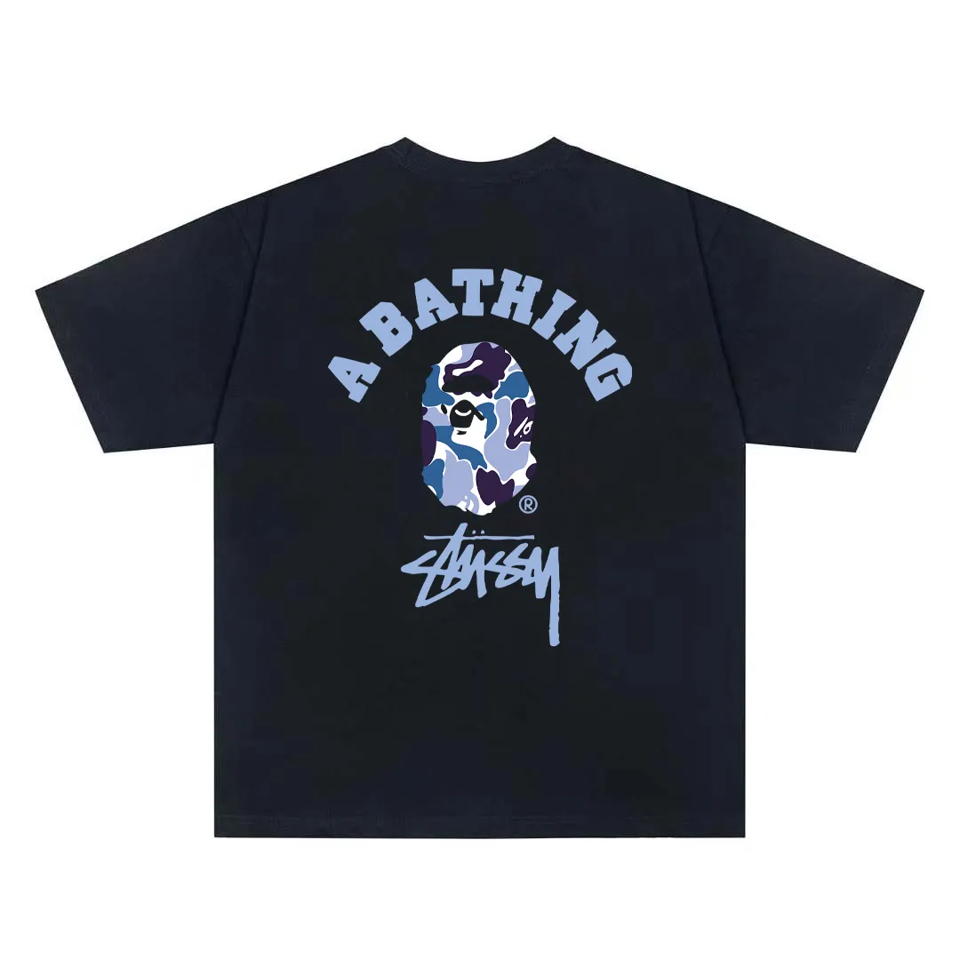P110 001003 BAPE ape head Stussy co-branded digital printed short-sleeved T-shirt, complete with three labels, same style for men and women, loose and large version, size s: MLXLXXL, color: black, white