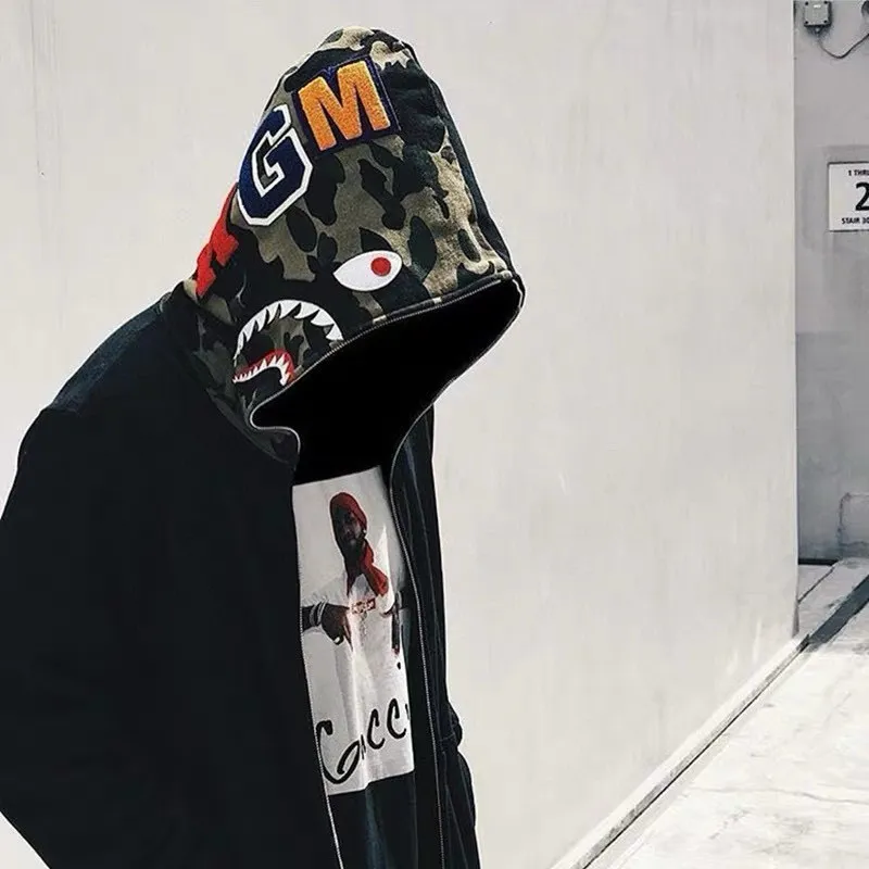 💰380 Bape first year limited classic shark green camouflage design shark jacket Couple style: S—XXL [Black Gray]