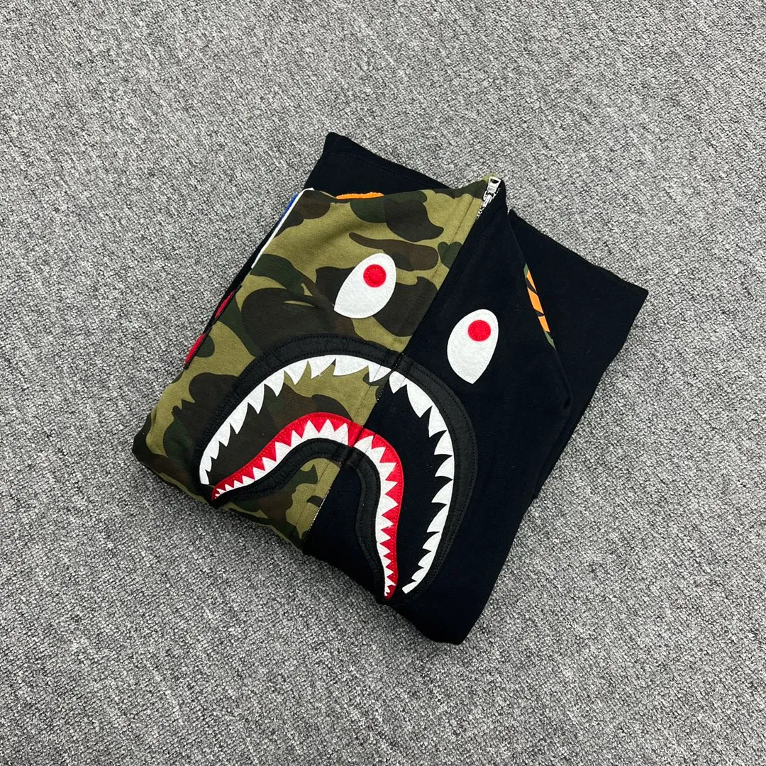 💰380 Bape first year limited classic shark green camouflage design shark jacket Couple style: S—XXL [Black Gray]