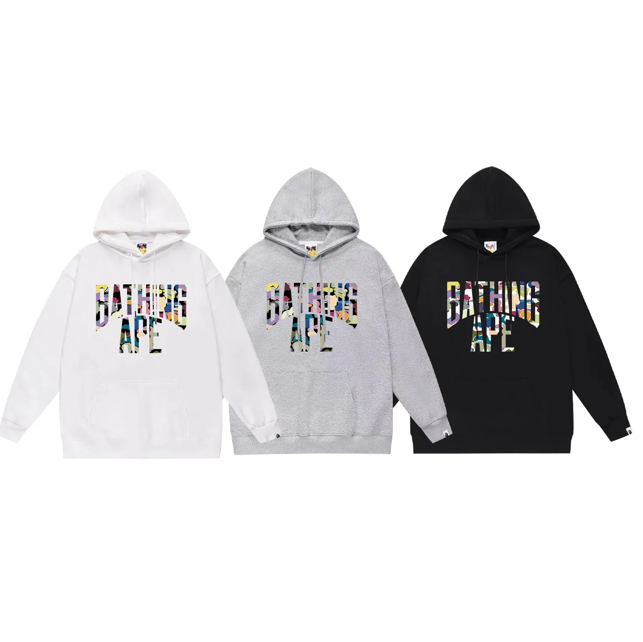 Model No. SC691#terry p160 plus velvet p180💰 (top version) BAPE multi-color camouflage pattern letter printed hooded sweatshirt Made of 380g large terry 430g silver fox velvet (drop shoulder large version) fabric, soft and non-pilling, imported environmentally friendly printing glue, bright and three-dimensional pattern, quality 💥Same style for men and women, the upper body is trendy Color: black white gray Size: S M L XL XXL