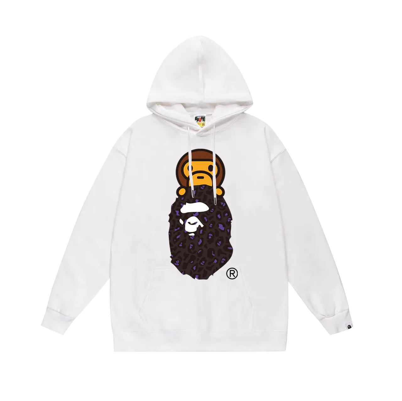 P160 model number SC767# terry 80 plus velvet 90 (top version) BAPE leopard print ape head cartoon BABY MILO printed hooded sweatshirt. Made of 380g large terry (drop shoulder large version) fabric, soft texture and no pilling. Imported environmentally friendly printing glue. Bright and three-dimensional pattern. Quality 💥Same style for men and women. The upper body is trendy. Color: black and blue, white and blue, gray and blue, black and yellow, white and yellow, gray and yellow. Size: S M L XL XXL