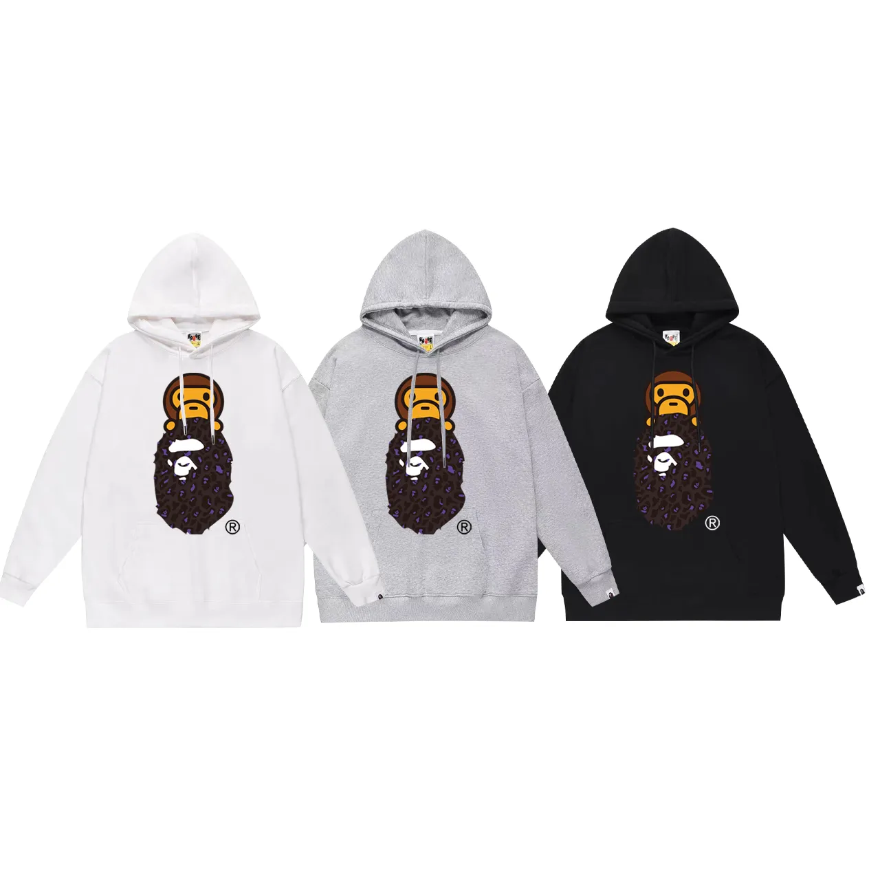 P160 model number SC767# terry 80 plus velvet 90 (top version) BAPE leopard print ape head cartoon BABY MILO printed hooded sweatshirt. Made of 380g large terry (drop shoulder large version) fabric, soft texture and no pilling. Imported environmentally friendly printing glue. Bright and three-dimensional pattern. Quality 💥Same style for men and women. The upper body is trendy. Color: black and blue, white and blue, gray and blue, black and yellow, white and yellow, gray and yellow. Size: S M L XL XXL