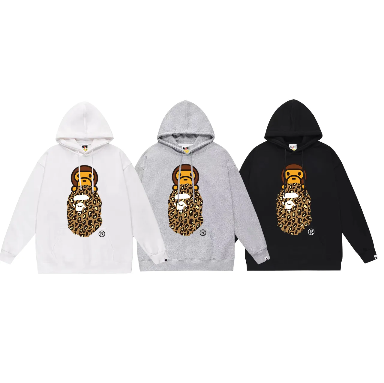 P160 model number SC767# terry 80 plus velvet 90 (top version) BAPE leopard print ape head cartoon BABY MILO printed hooded sweatshirt. Made of 380g large terry (drop shoulder large version) fabric, soft texture and no pilling. Imported environmentally friendly printing glue. Bright and three-dimensional pattern. Quality 💥Same style for men and women. The upper body is trendy. Color: black and blue, white and blue, gray and blue, black and yellow, white and yellow, gray and yellow. Size: S M L XL XXL