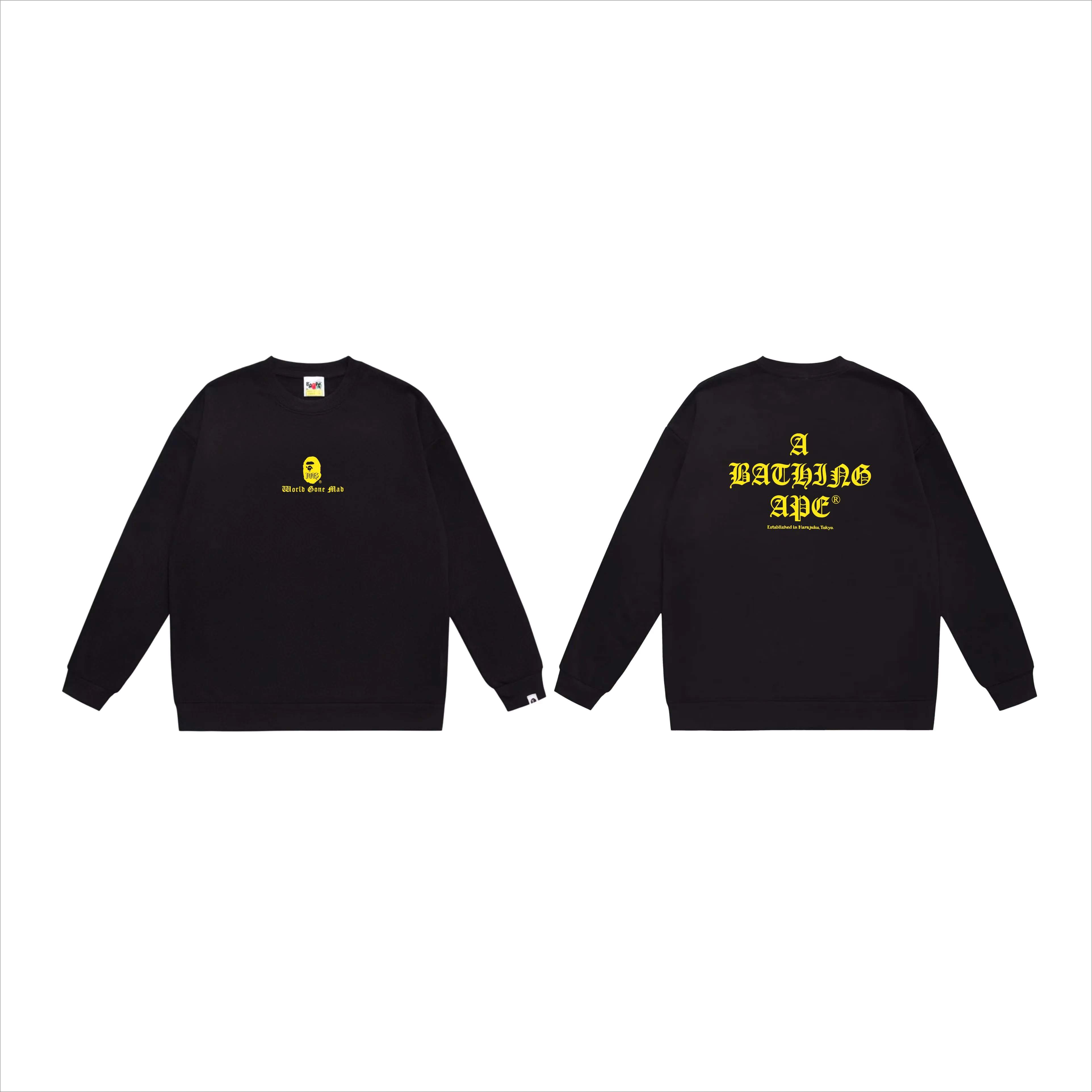 P170 model number SC550# terry 80 plus velvet 85 (top version) BAPE contrasting ape head letter print pattern round neck sweatshirt Made of 350g large terry (drop shoulder large version) fabric, soft texture and no pilling Imported environmentally friendly printing glue The pattern is bright and three-dimensional Quality 💥Same style for men and women The upper body is trendy Color: black white gray Size: S M L XL XXL
