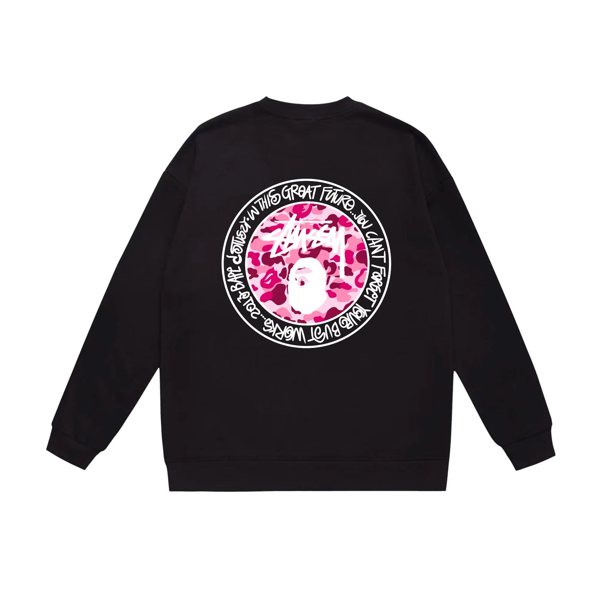 P150 model number SC516# terry 75 plus velvet 80 (top version) BAPE×STUSSY co-branded Stussy letter round neck sweatshirt Made of 350 grams of large terry (drop shoulder large version) fabric, soft texture and no pilling Imported environmentally friendly printing glue The pattern is bright and three-dimensional Quality 💥Same style for men and women The upper body is fashionable Color: black white gray Size: S M L XL XXL