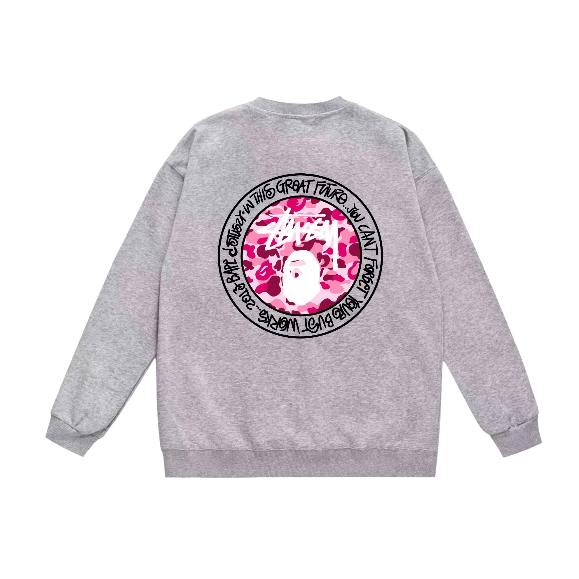 P150 model number SC516# terry 75 plus velvet 80 (top version) BAPE×STUSSY co-branded Stussy letter round neck sweatshirt Made of 350 grams of large terry (drop shoulder large version) fabric, soft texture and no pilling Imported environmentally friendly printing glue The pattern is bright and three-dimensional Quality 💥Same style for men and women The upper body is fashionable Color: black white gray Size: S M L XL XXL