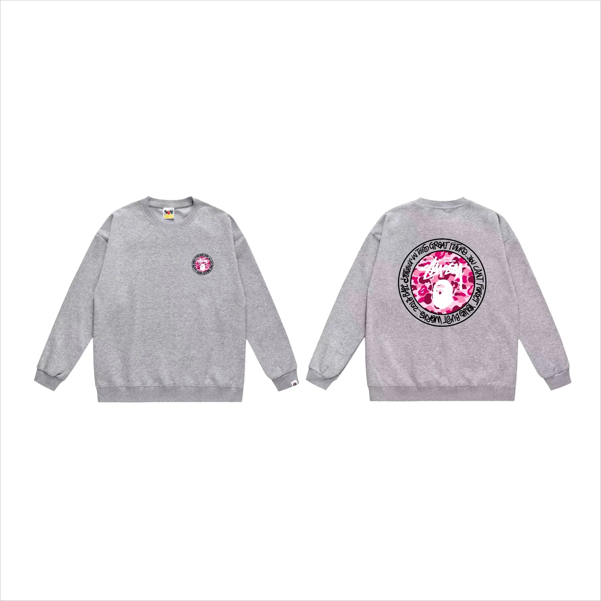 P150 model number SC516# terry 75 plus velvet 80 (top version) BAPE×STUSSY co-branded Stussy letter round neck sweatshirt Made of 350 grams of large terry (drop shoulder large version) fabric, soft texture and no pilling Imported environmentally friendly printing glue The pattern is bright and three-dimensional Quality 💥Same style for men and women The upper body is fashionable Color: black white gray Size: S M L XL XXL