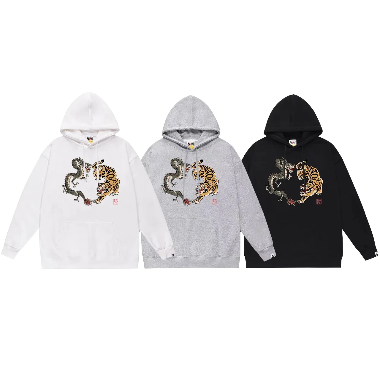 Model No. SC698#terry p160 plus velvet p180💰 (top version) BAPE Japanese dragon and tiger print hooded sweatshirt Made of 380g large terry 430g silver fox velvet (drop shoulder large version) fabric, soft and non-pilling, imported environmentally friendly printing glue, bright and three-dimensional pattern, quality💥same style for men and women, the upper body is trendy Color: black white gray Size: S M L XL XXL