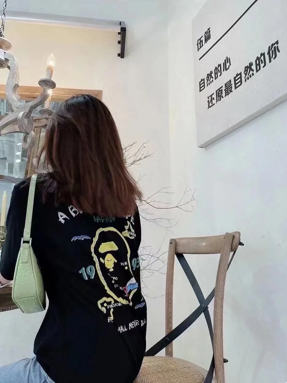 💰140 Bape SOUVENIR Yokosuka ape head on the back, foam rubber printing, 280g weight linen cotton fabric, ZP version, couple style: S—XXL [black and white]