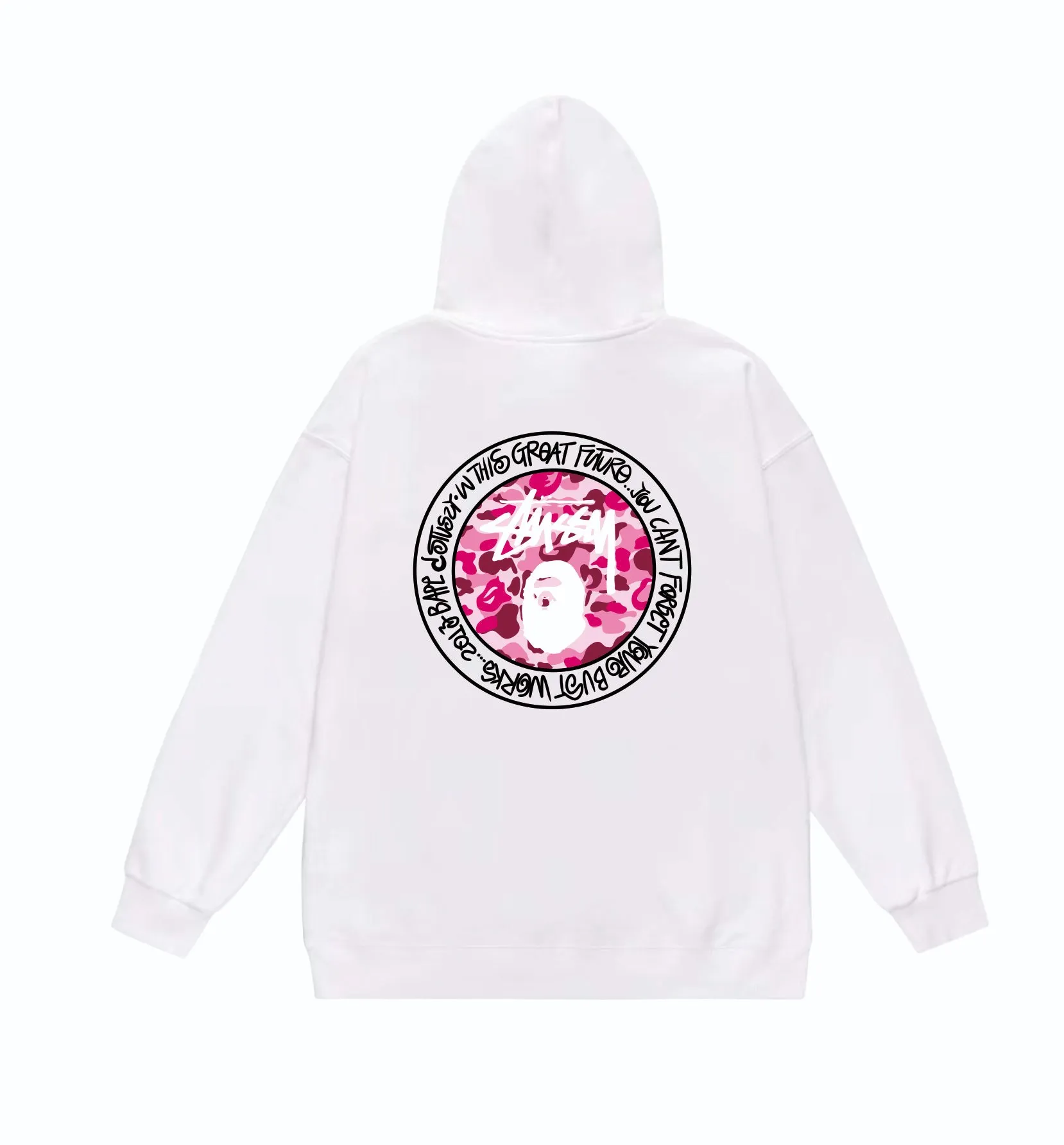 P160 model number SC816# terry 80 plus velvet 90 (top version) BAPE×STUSSY co-branded Stussy letter printed hooded sweatshirt Made of 380 grams of large terry (drop shoulder large version) fabric, soft texture and no pilling Imported environmentally friendly printing glue The pattern is bright and three-dimensional Quality 💥Same style for men and women The upper body is trendy Color: Black White Gray Size: S M L XL XXL