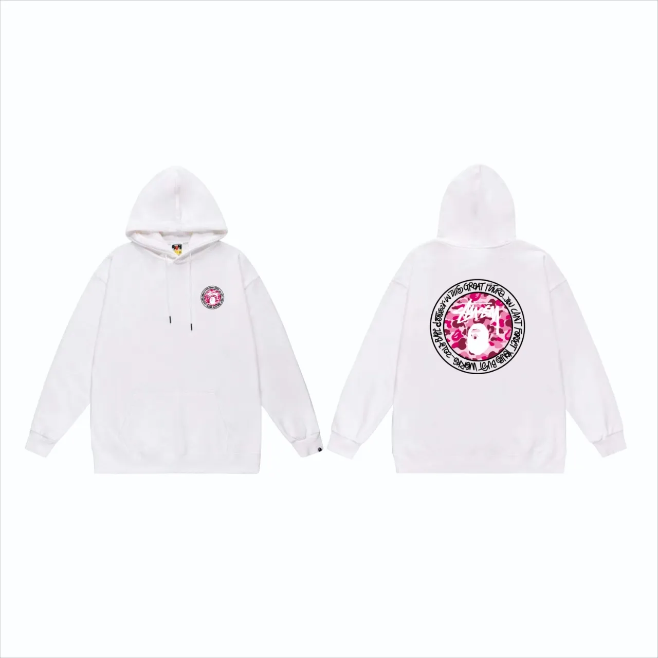P160 model number SC816# terry 80 plus velvet 90 (top version) BAPE×STUSSY co-branded Stussy letter printed hooded sweatshirt Made of 380 grams of large terry (drop shoulder large version) fabric, soft texture and no pilling Imported environmentally friendly printing glue The pattern is bright and three-dimensional Quality 💥Same style for men and women The upper body is trendy Color: Black White Gray Size: S M L XL XXL