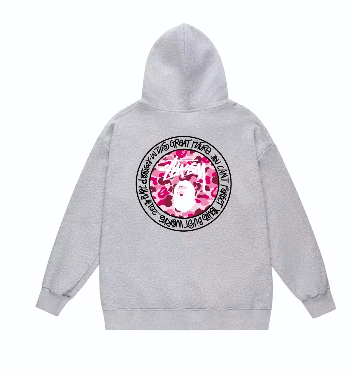 P160 model number SC816# terry 80 plus velvet 90 (top version) BAPE×STUSSY co-branded Stussy letter printed hooded sweatshirt Made of 380 grams of large terry (drop shoulder large version) fabric, soft texture and no pilling Imported environmentally friendly printing glue The pattern is bright and three-dimensional Quality 💥Same style for men and women The upper body is trendy Color: Black White Gray Size: S M L XL XXL