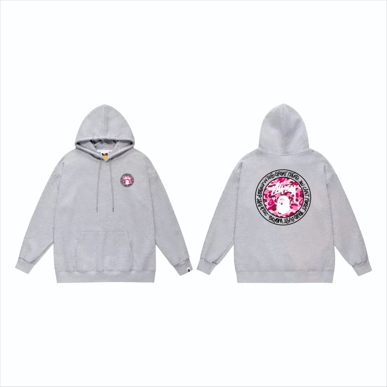 P160 model number SC816# terry 80 plus velvet 90 (top version) BAPE×STUSSY co-branded Stussy letter printed hooded sweatshirt Made of 380 grams of large terry (drop shoulder large version) fabric, soft texture and no pilling Imported environmentally friendly printing glue The pattern is bright and three-dimensional Quality 💥Same style for men and women The upper body is trendy Color: Black White Gray Size: S M L XL XXL