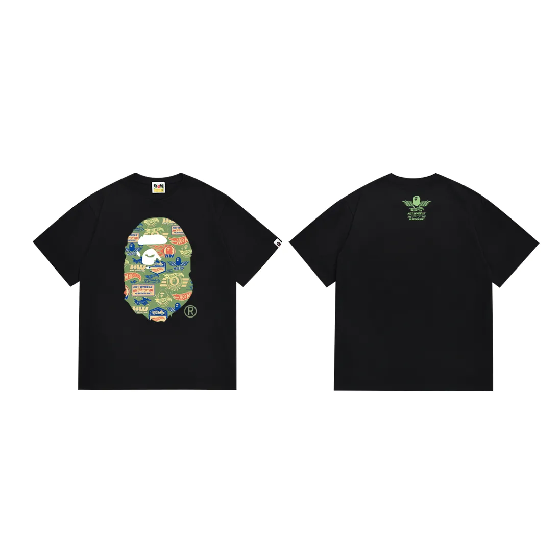 P110 SC023# (top version) BAPE×HOT WHEELS Hot Wheels joint ape head print Made of 260 grams of high-quality high-weave pure cotton fabric, double yarn combed, soft texture and no pilling Imported environmentally friendly printing glue, bright and three-dimensional pattern, quality 💥Same style for men and women, the upper body is fashionable Color: black and white Size: S M L XL XXL