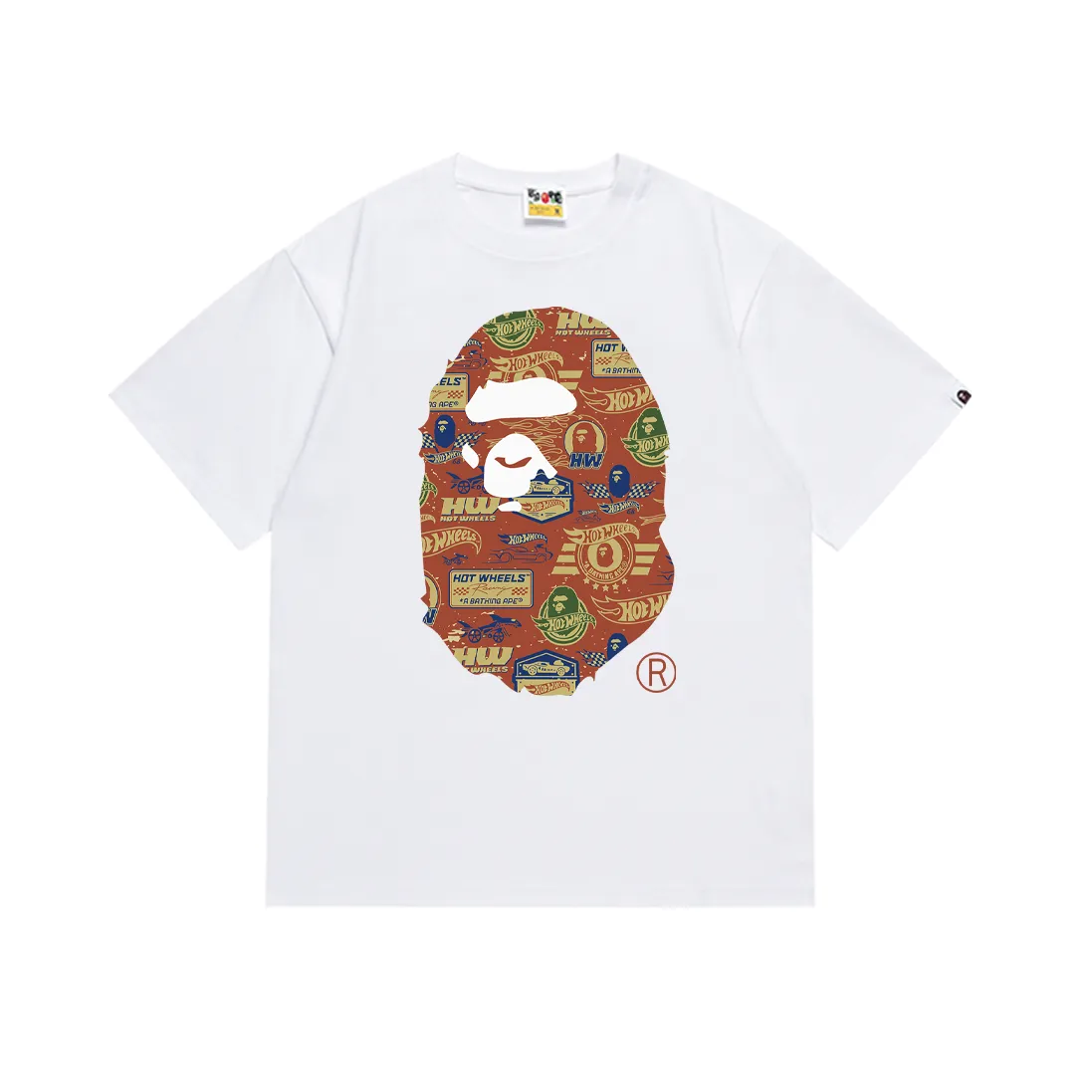 P110 SC023# (top version) BAPE×HOT WHEELS Hot Wheels joint ape head print Made of 260 grams of high-quality high-weave pure cotton fabric, double yarn combed, soft texture and no pilling Imported environmentally friendly printing glue, bright and three-dimensional pattern, quality 💥Same style for men and women, the upper body is fashionable Color: black and white Size: S M L XL XXL