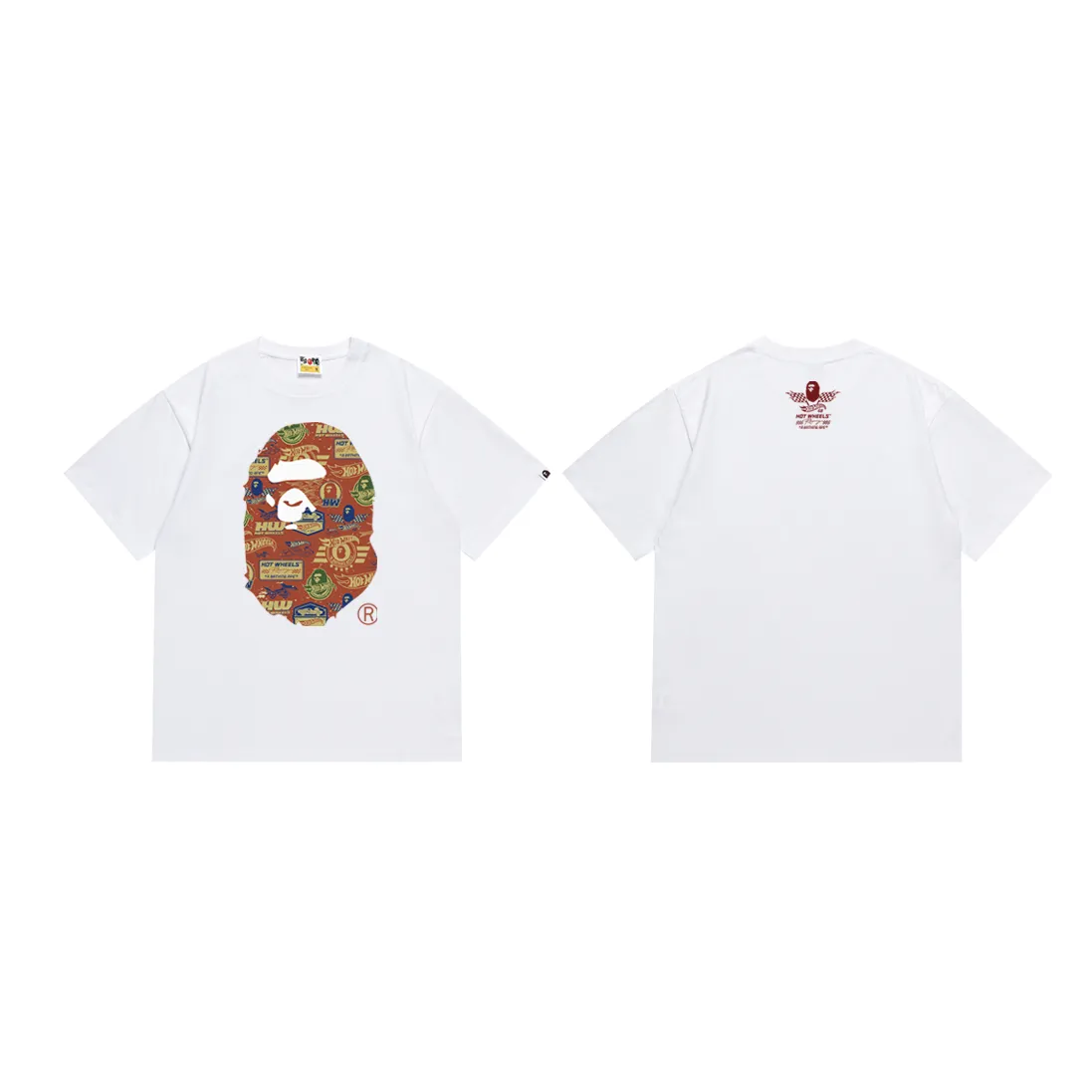 P110 SC023# (top version) BAPE×HOT WHEELS Hot Wheels joint ape head print Made of 260 grams of high-quality high-weave pure cotton fabric, double yarn combed, soft texture and no pilling Imported environmentally friendly printing glue, bright and three-dimensional pattern, quality 💥Same style for men and women, the upper body is fashionable Color: black and white Size: S M L XL XXL