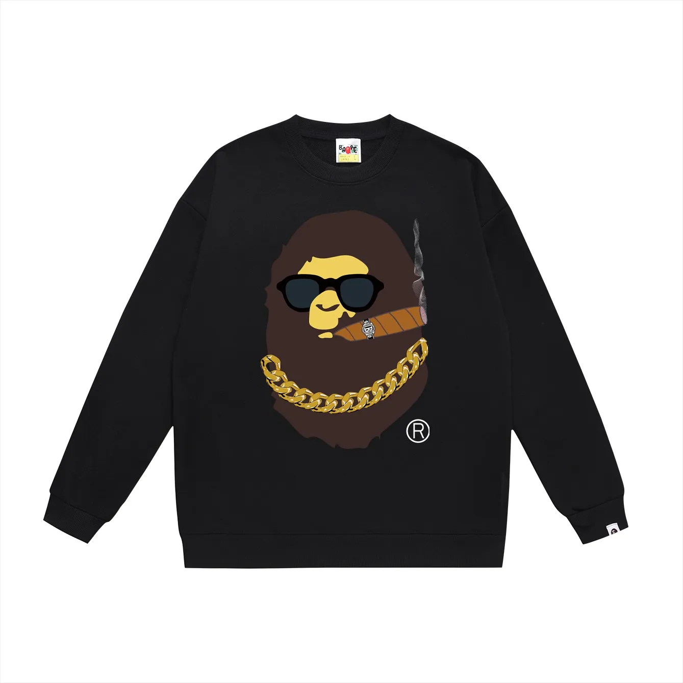 P150 model number SC486# terry 75 plus velvet 80 (top version) BAPE ape man head smoking Los Angeles limited print crew neck sweatshirt. Made of 350 grams of large terry (drop shoulder large version) fabric. The texture is soft and non-pilling. Imported environmentally friendly printing glue. The pattern is bright and three-dimensional. Quality 💥Same style for men and women. The upper body is trendy. Color: black white gray Size: S M L XL XXL