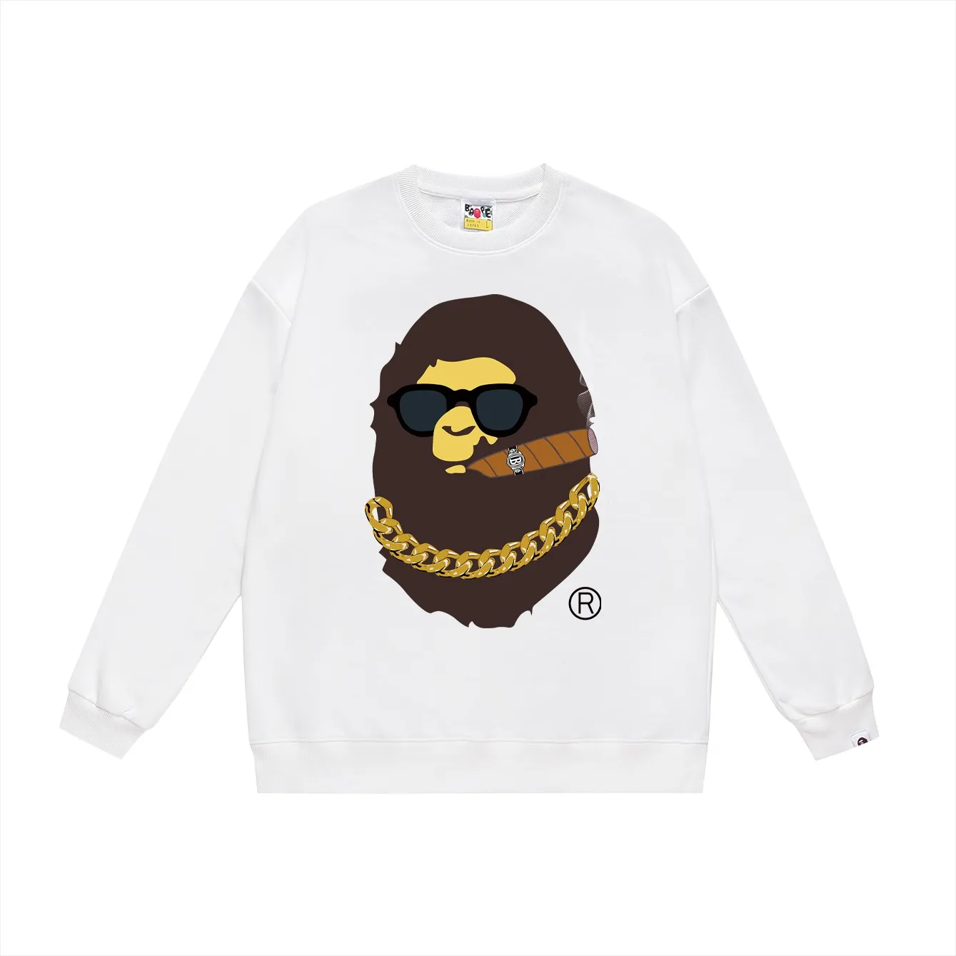 P150 model number SC486# terry 75 plus velvet 80 (top version) BAPE ape man head smoking Los Angeles limited print crew neck sweatshirt. Made of 350 grams of large terry (drop shoulder large version) fabric. The texture is soft and non-pilling. Imported environmentally friendly printing glue. The pattern is bright and three-dimensional. Quality 💥Same style for men and women. The upper body is trendy. Color: black white gray Size: S M L XL XXL