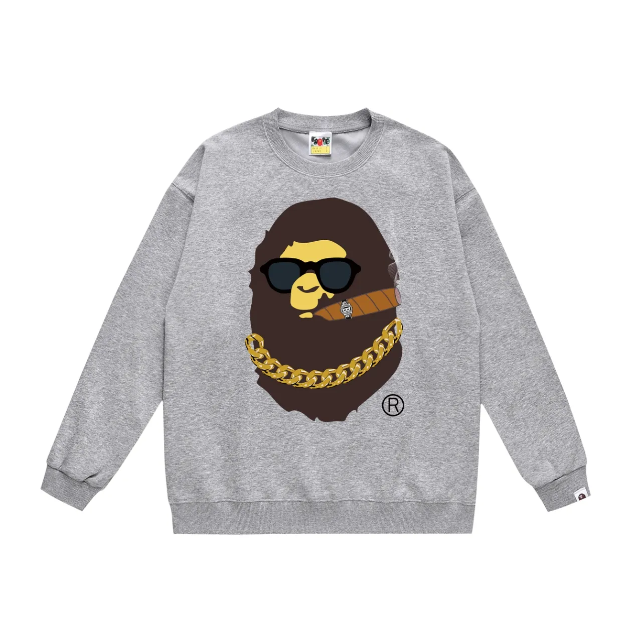 P150 model number SC486# terry 75 plus velvet 80 (top version) BAPE ape man head smoking Los Angeles limited print crew neck sweatshirt. Made of 350 grams of large terry (drop shoulder large version) fabric. The texture is soft and non-pilling. Imported environmentally friendly printing glue. The pattern is bright and three-dimensional. Quality 💥Same style for men and women. The upper body is trendy. Color: black white gray Size: S M L XL XXL