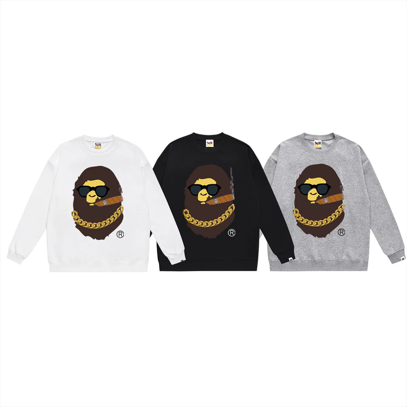 P150 model number SC486# terry 75 plus velvet 80 (top version) BAPE ape man head smoking Los Angeles limited print crew neck sweatshirt. Made of 350 grams of large terry (drop shoulder large version) fabric. The texture is soft and non-pilling. Imported environmentally friendly printing glue. The pattern is bright and three-dimensional. Quality 💥Same style for men and women. The upper body is trendy. Color: black white gray Size: S M L XL XXL
