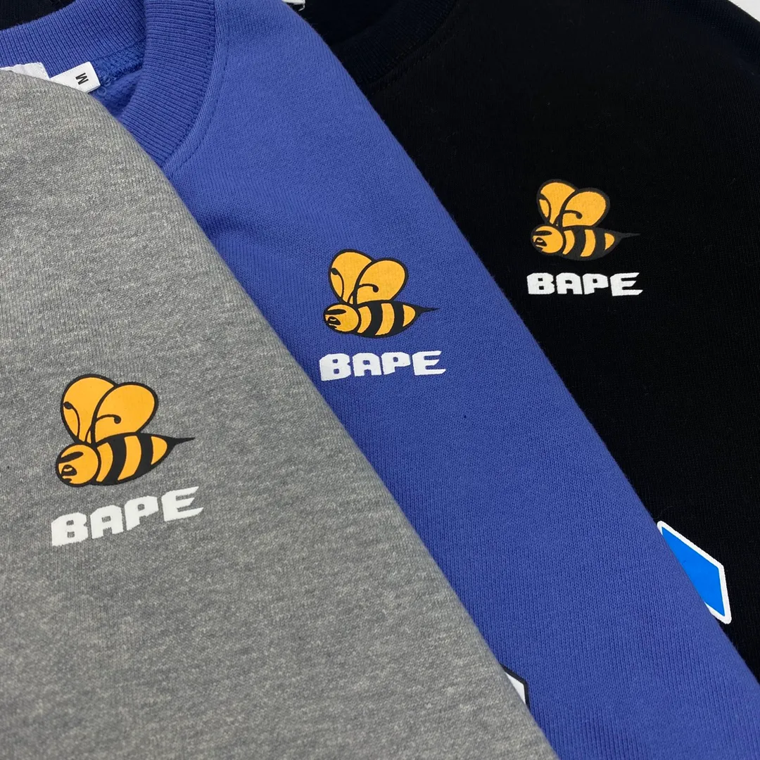 💰250 BAPE Letter Bee Contrast Print Customized Fabric 380g Pure Cotton Round Neck Sweatshirt Couple Style: S—XXL [Black Gray]