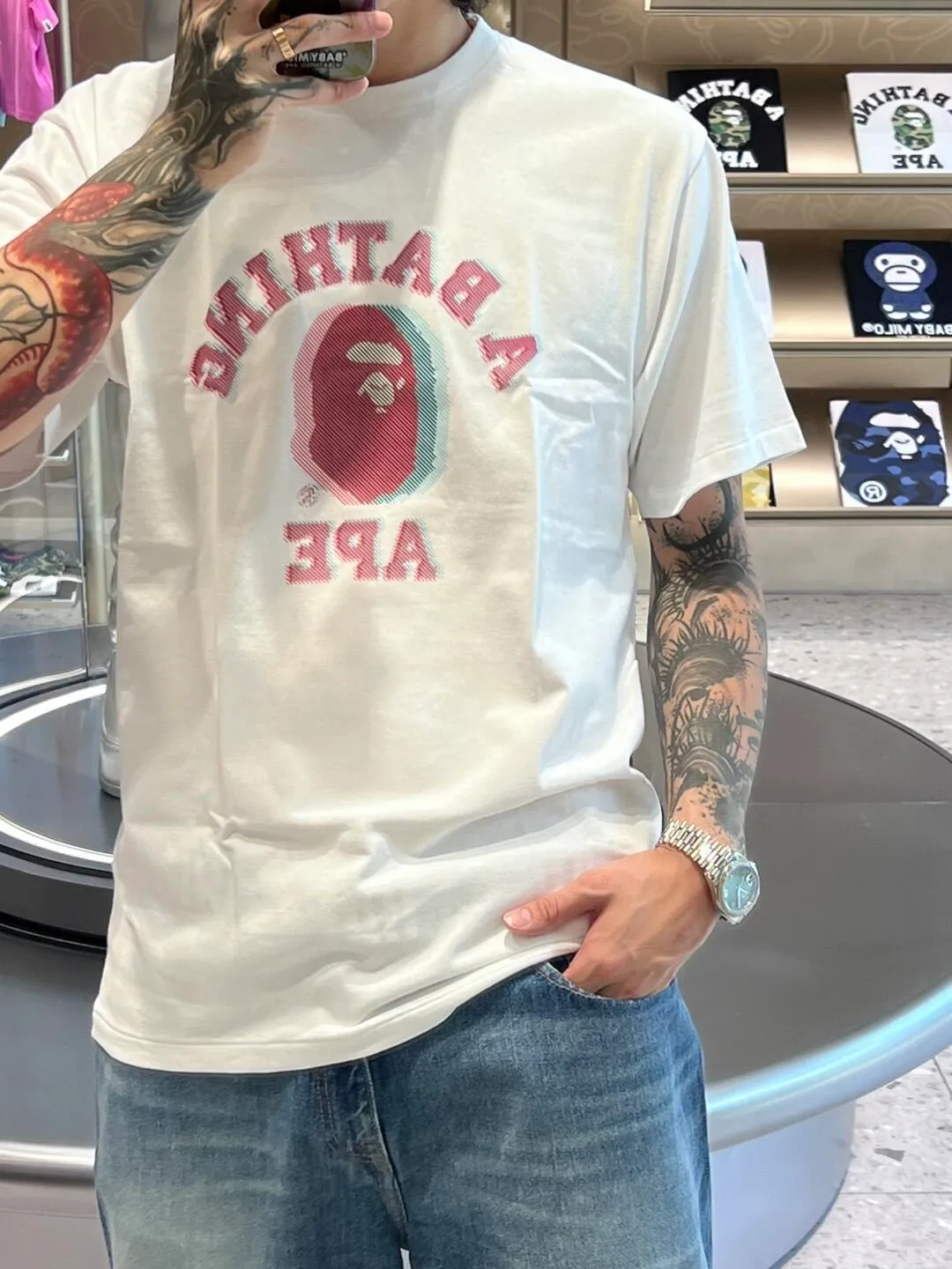 💰140 BAPE GLITCH ART COLLEGE TEE Faulty Symphony Art laminated ape head print 280g weight linen cotton fabric ZP version Couple style: S—XXL [Black White]