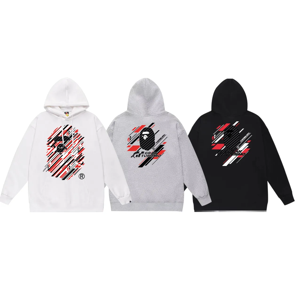 Model No. SC752#terry p160 plus velvet 180💰 (top version) BAPE×GT co-branded twill ape head pattern hooded sweatshirt. Made of 380g large terry (drop shoulder large version) fabric. The texture is soft and non-pilling. Imported environmentally friendly printing glue. The pattern is bright and three-dimensional. Quality💥Same style for men and women. The upper body is trendy. Color: black white gray Size: S M L XL XXL