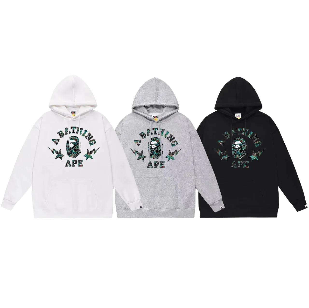 Model No. SC705# terry p160 plus velvet p180💰 (top version) BAPE ape head letter infrared thermal print hooded sweatshirt. Made of 380g large terry 430g silver fox velvet (drop shoulder large version) fabric. The texture is soft and non-pilling. Imported environmentally friendly printing glue. The pattern is bright and three-dimensional. Quality💥Same style for men and women. The upper body is trendy. Color: black white gray Size: S M L XL XXL