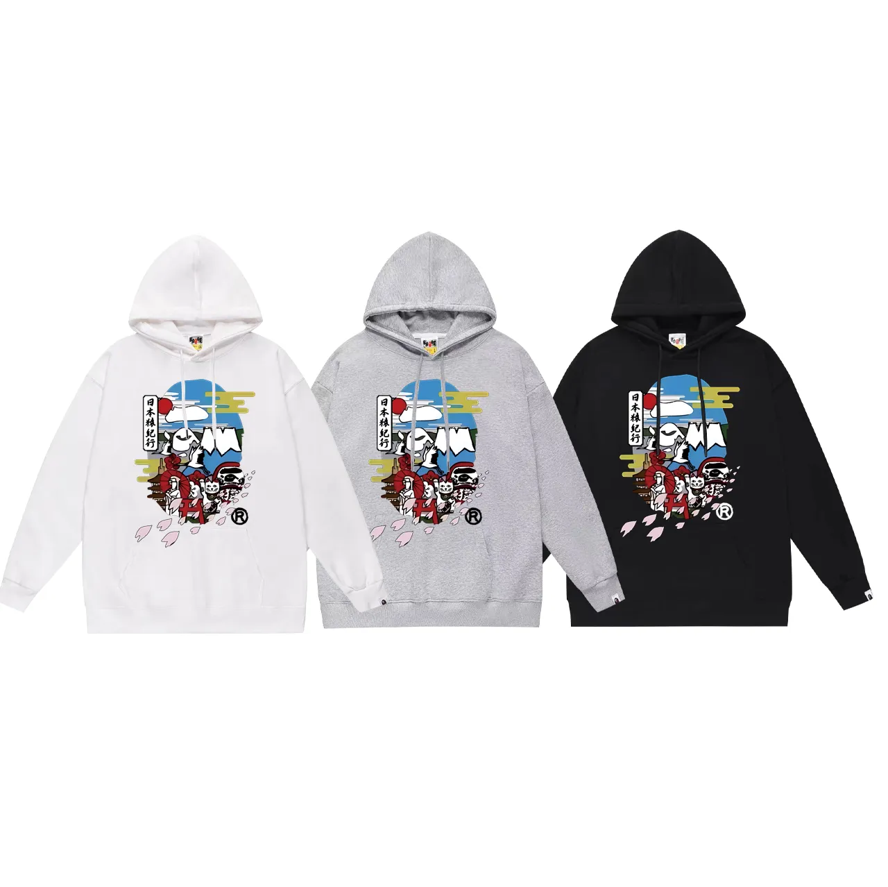 P160 model number SC765# terry 80 plus velvet 90 (top version) BAPE Japan Monkey Journey Monkey Money Cat Printed Hooded Sweater Made of 380g large terry (drop shoulder large version) fabric, soft and non-pilling, imported environmentally friendly printing glue, bright and three-dimensional pattern, quality 💥Same style for men and women. The upper body is trendy. Color: Black White Gray Size: S M L XL XXL