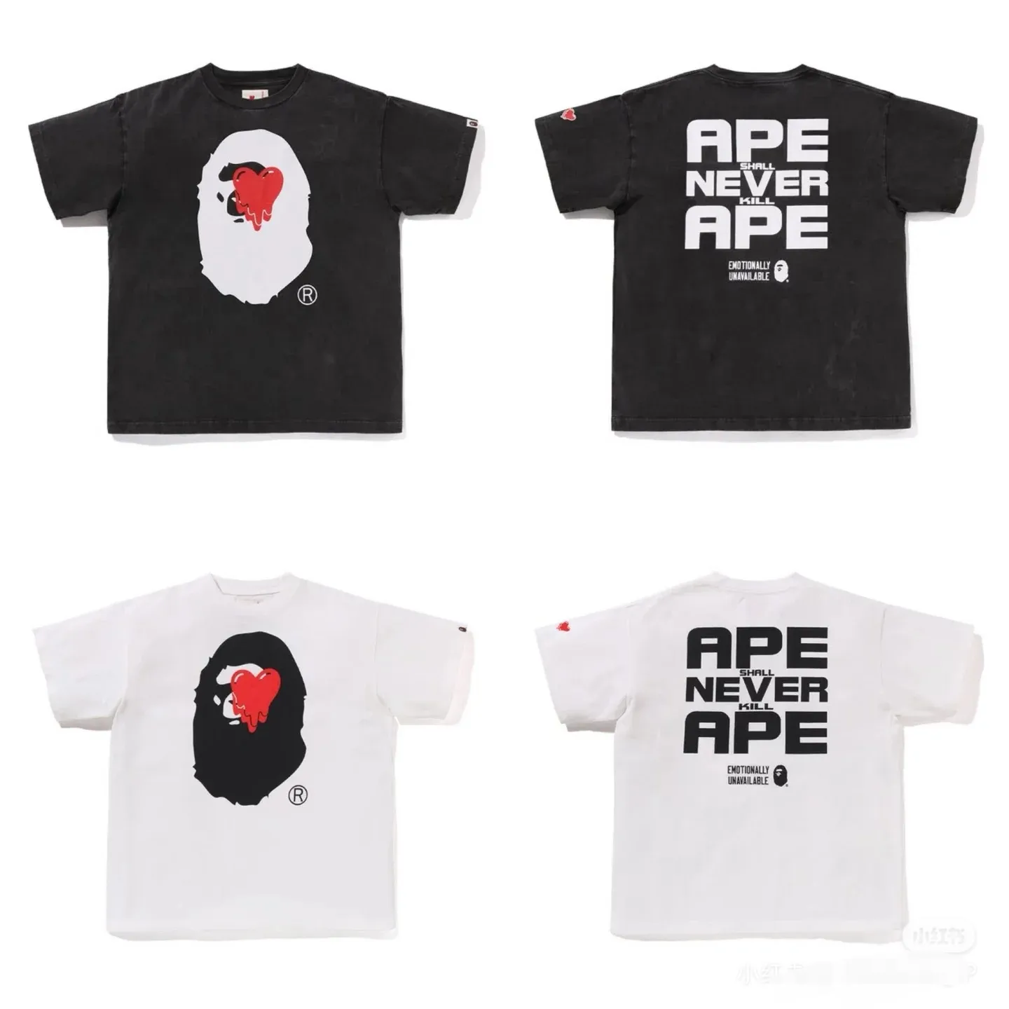 P110 001061 BAPE x Emotionally Unavailable joint model SS25 heart-shaped ape pattern letter printed cuff logo short-sleeved T-shirt, same style for men and women, size smlxlxxl, black and white