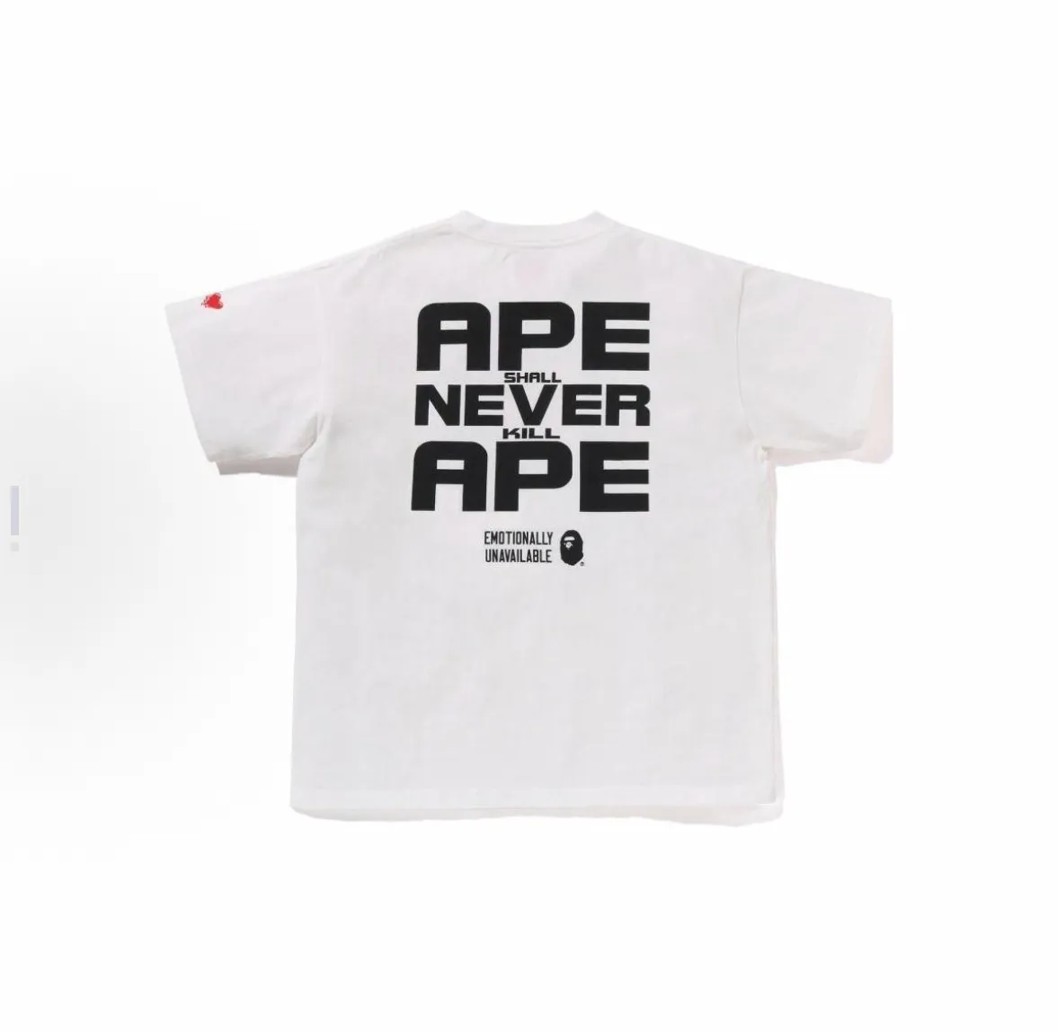 P110 001061 BAPE x Emotionally Unavailable joint model SS25 heart-shaped ape pattern letter printed cuff logo short-sleeved T-shirt, same style for men and women, size smlxlxxl, black and white